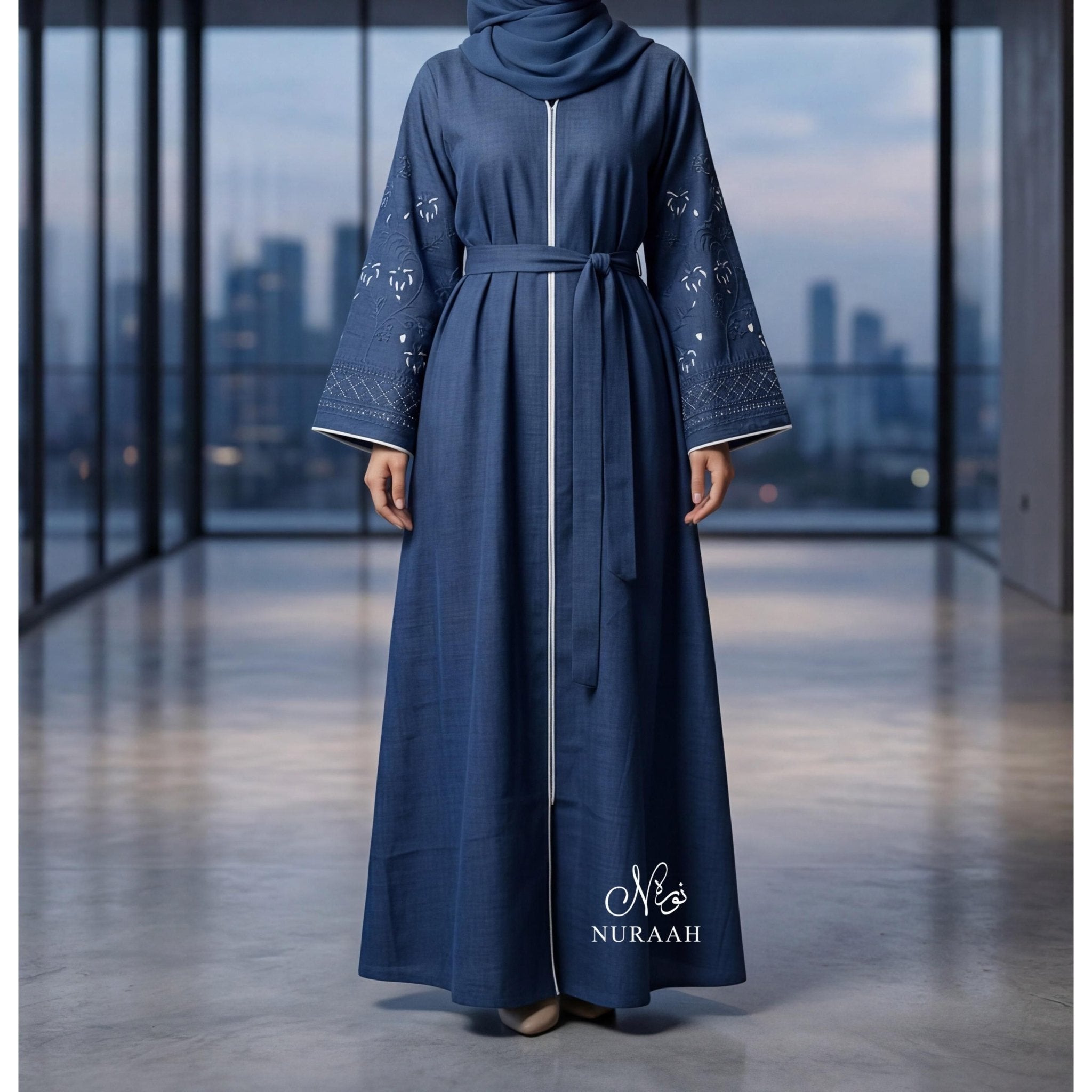 Mirha Linen Embroidered Sleeve Abaya (with scarf and belt) 01 - NURAAH