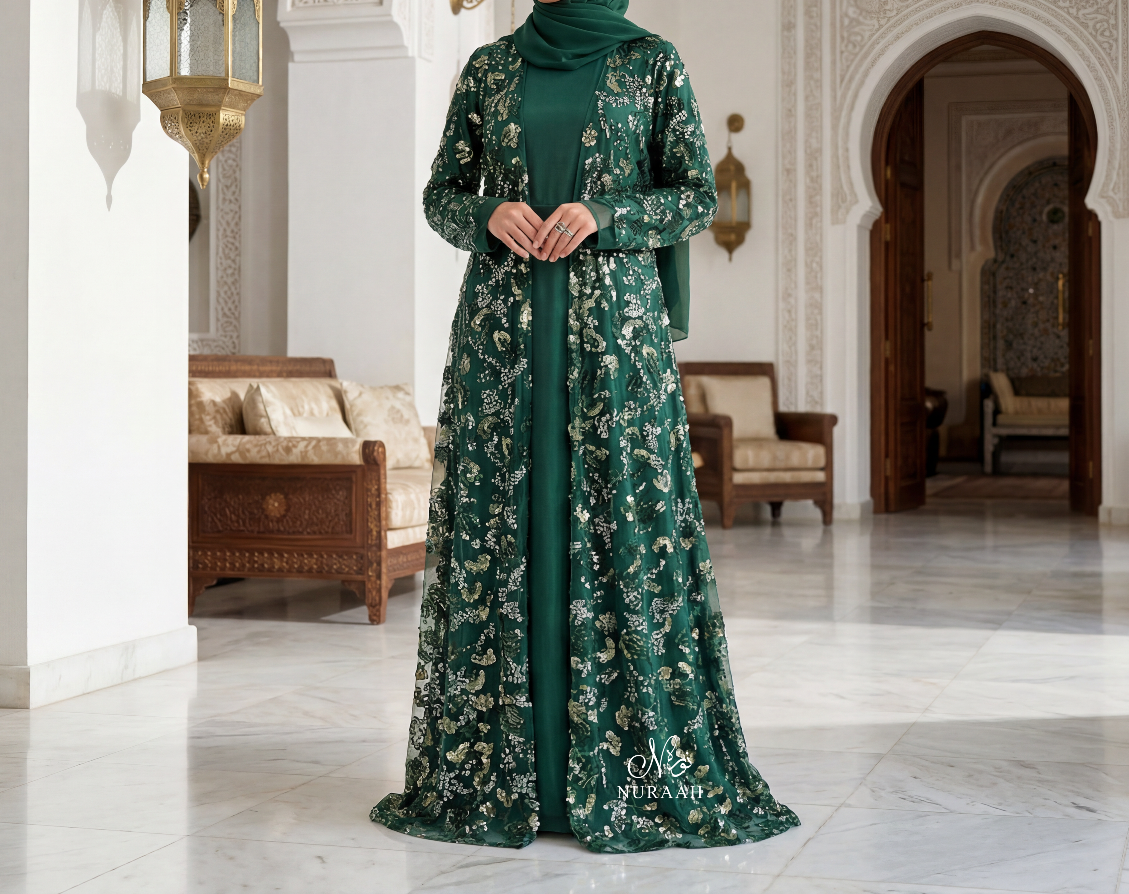 HIBA EMBELLISHED NET LACE ABAYA SET BOTTLE GREEN