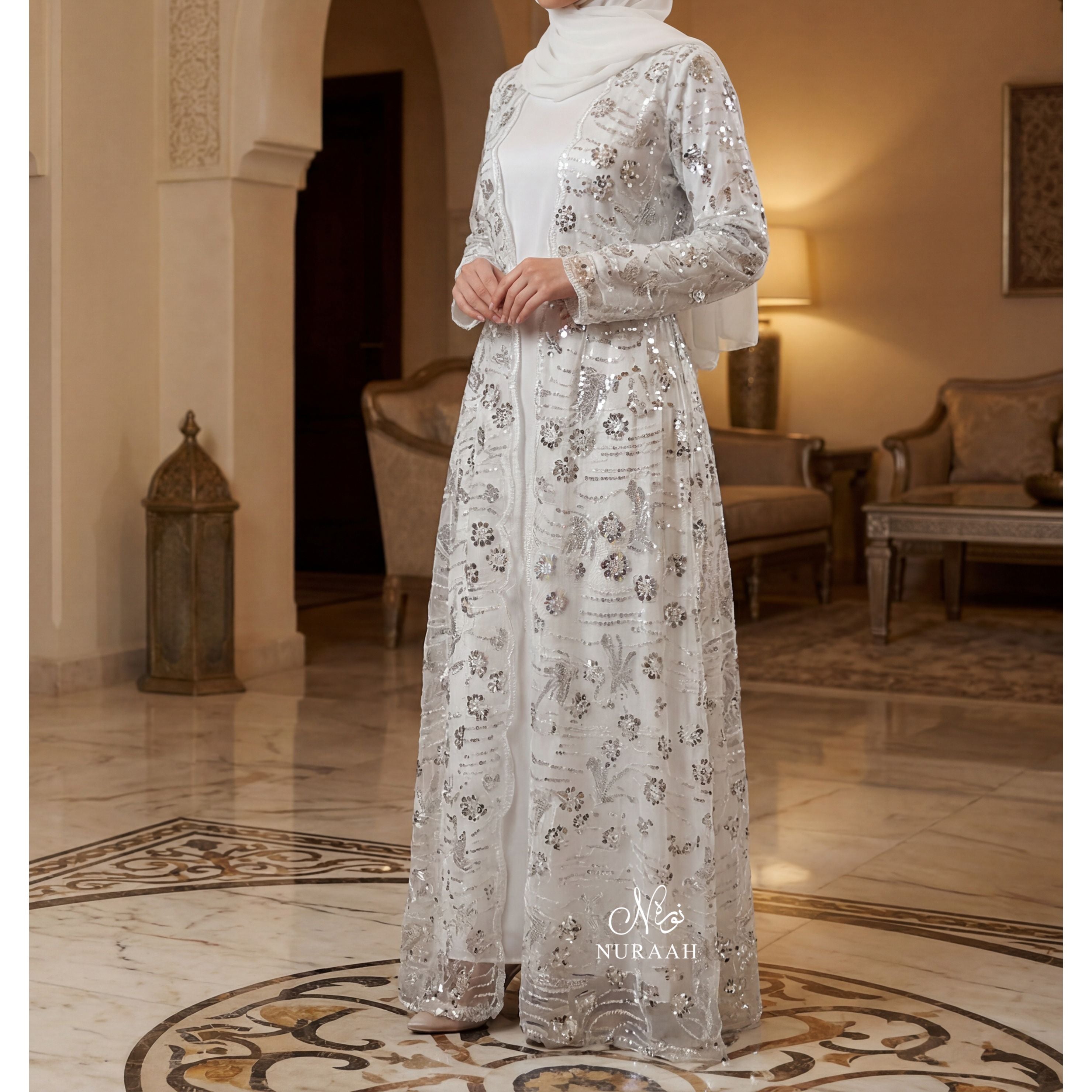SEQUIN NET LACE ABAYA WITH INNER SLIP and a matching scarf WHITE