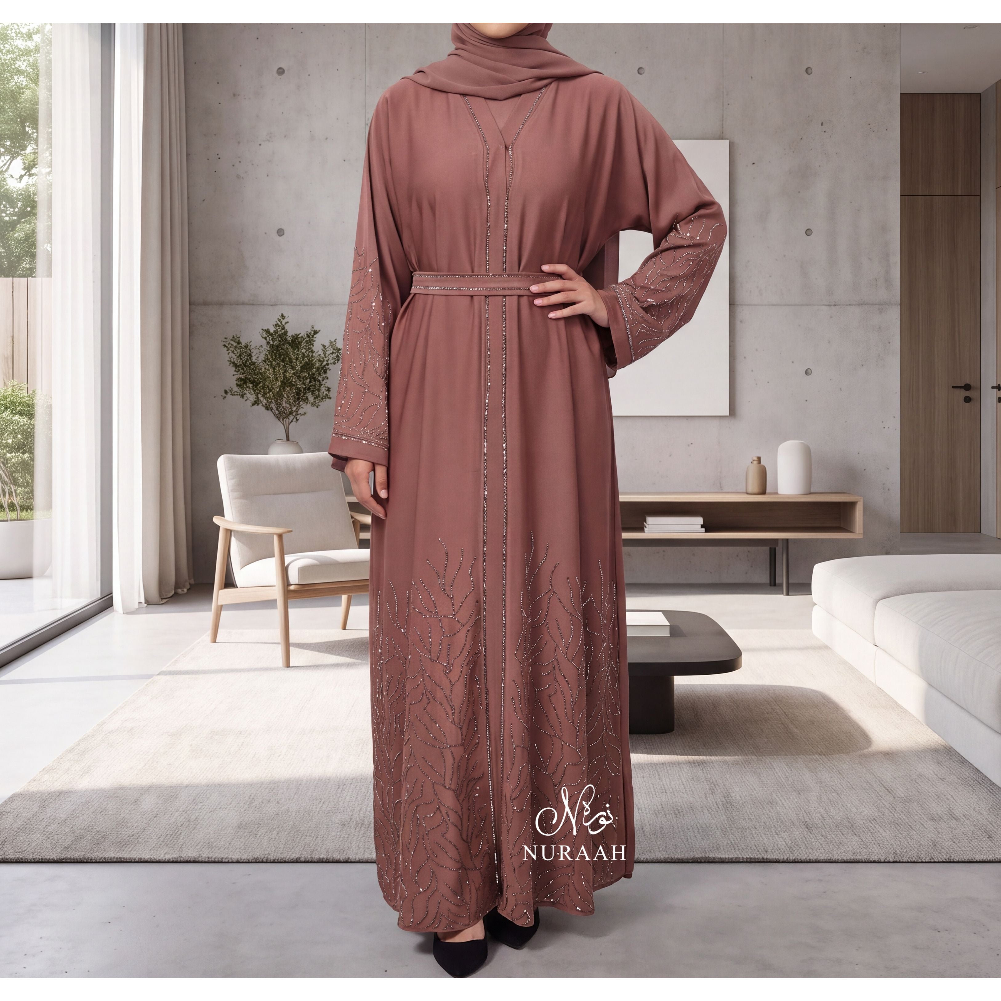 LAIBA EMBELLISHED CLOSED ABAYA (with scarf and belt) 03