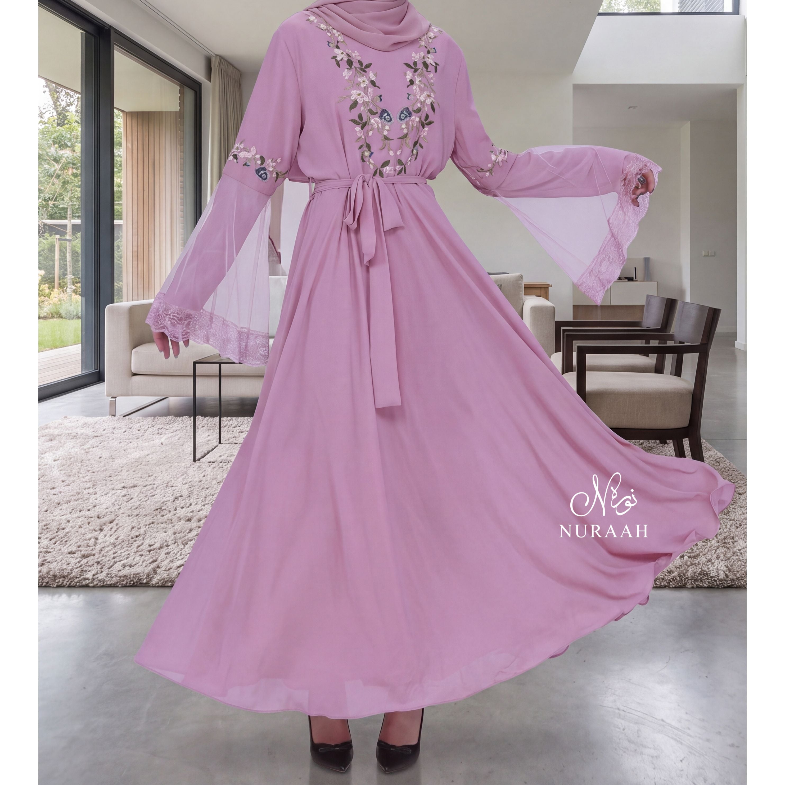 NET SLEEVES EMBROIDERY DRESS PINK 01