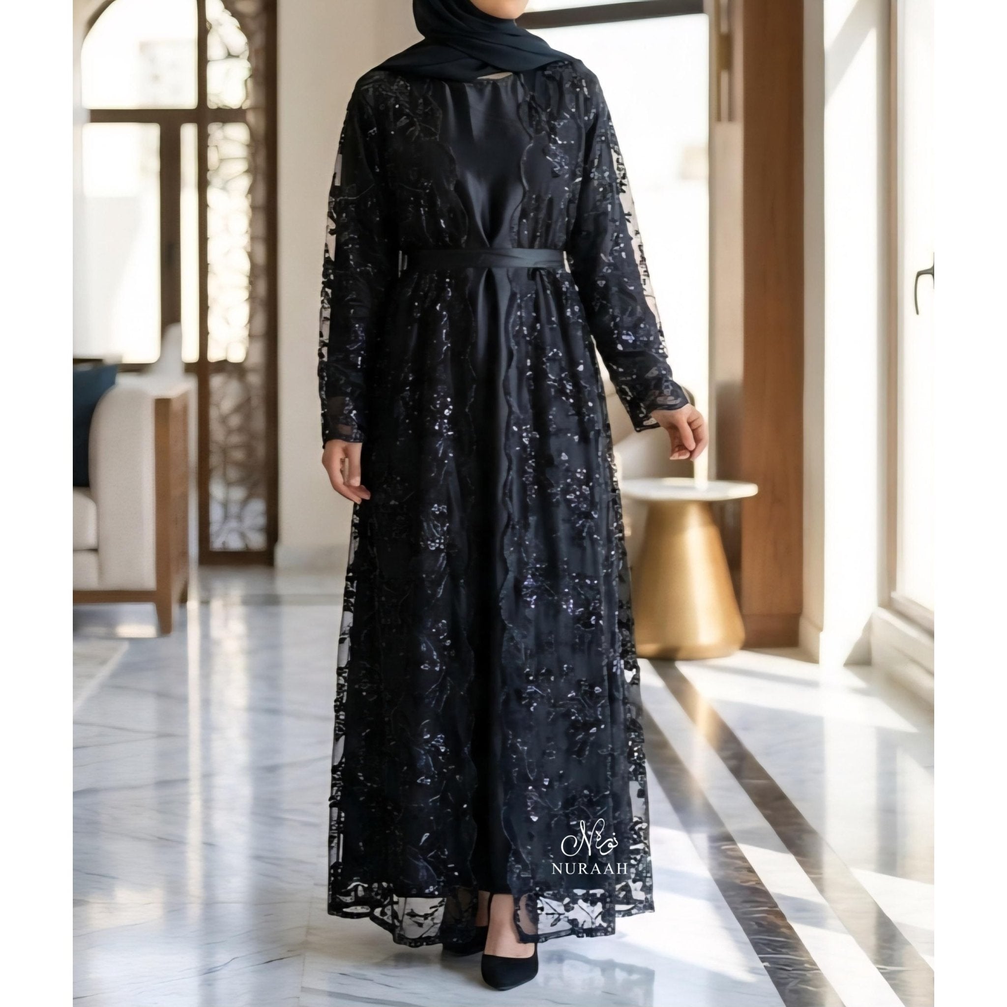 SEQUIN NET LACE ABAYA WITH INNER SLIP and a matching scarf BLACK - NURAAH