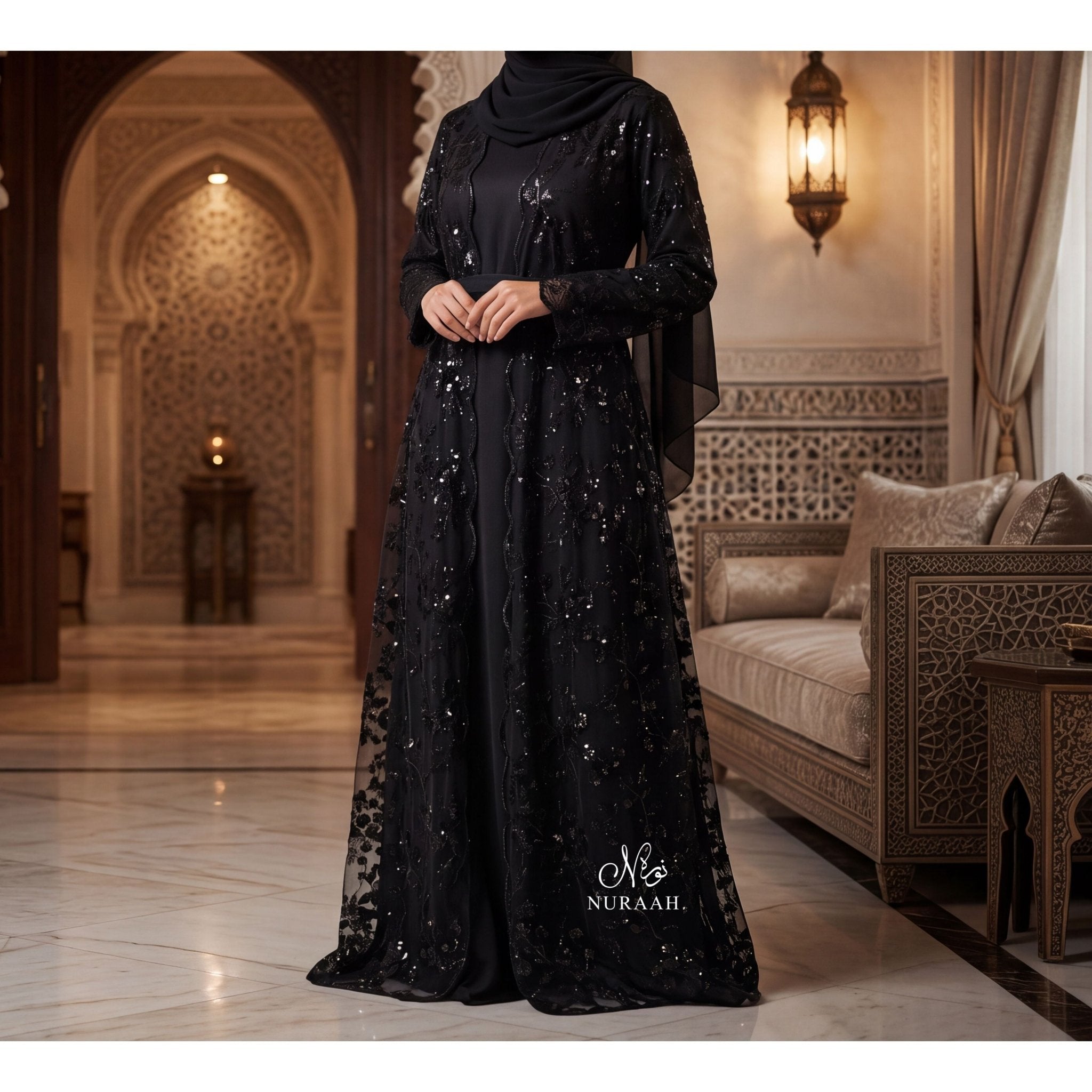 SEQUIN NET LACE ABAYA WITH INNER SLIP and a matching scarf BLACK - NURAAH