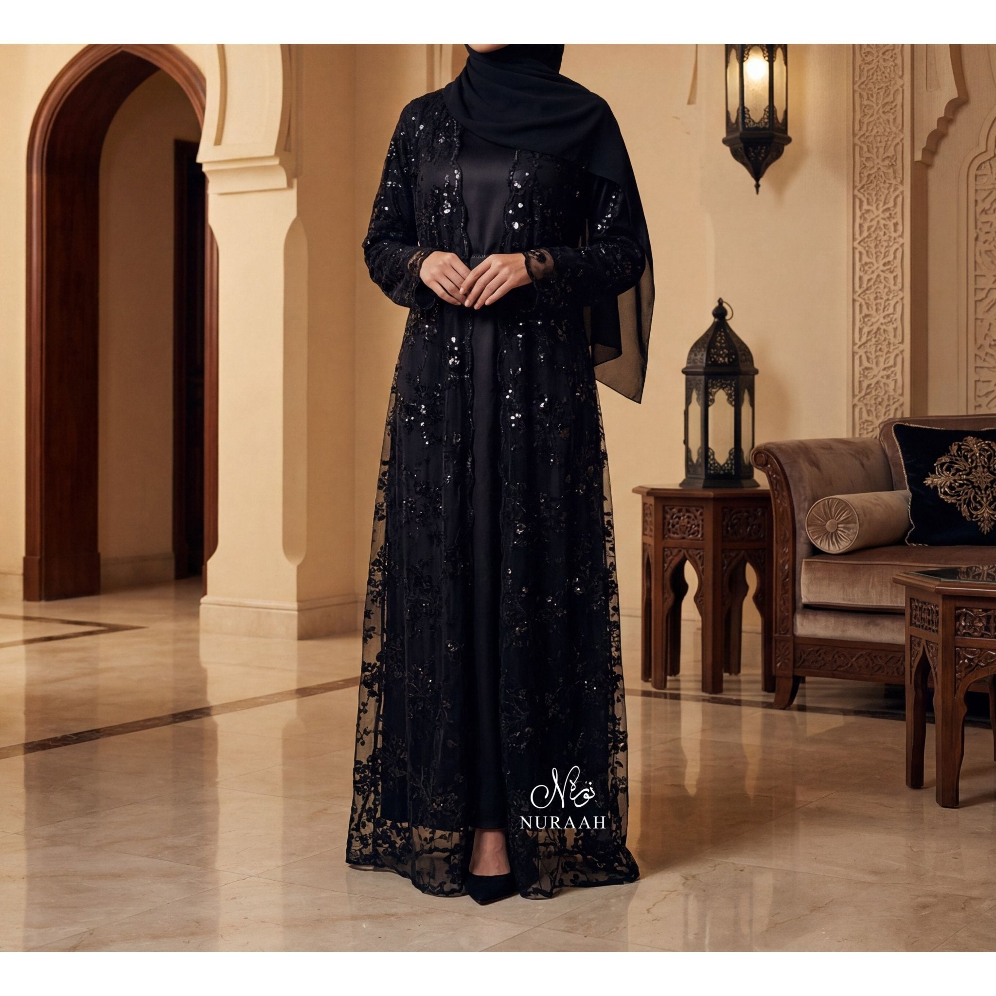 SEQUIN NET LACE ABAYA WITH INNER SLIP and a matching scarf BLACK - NURAAH