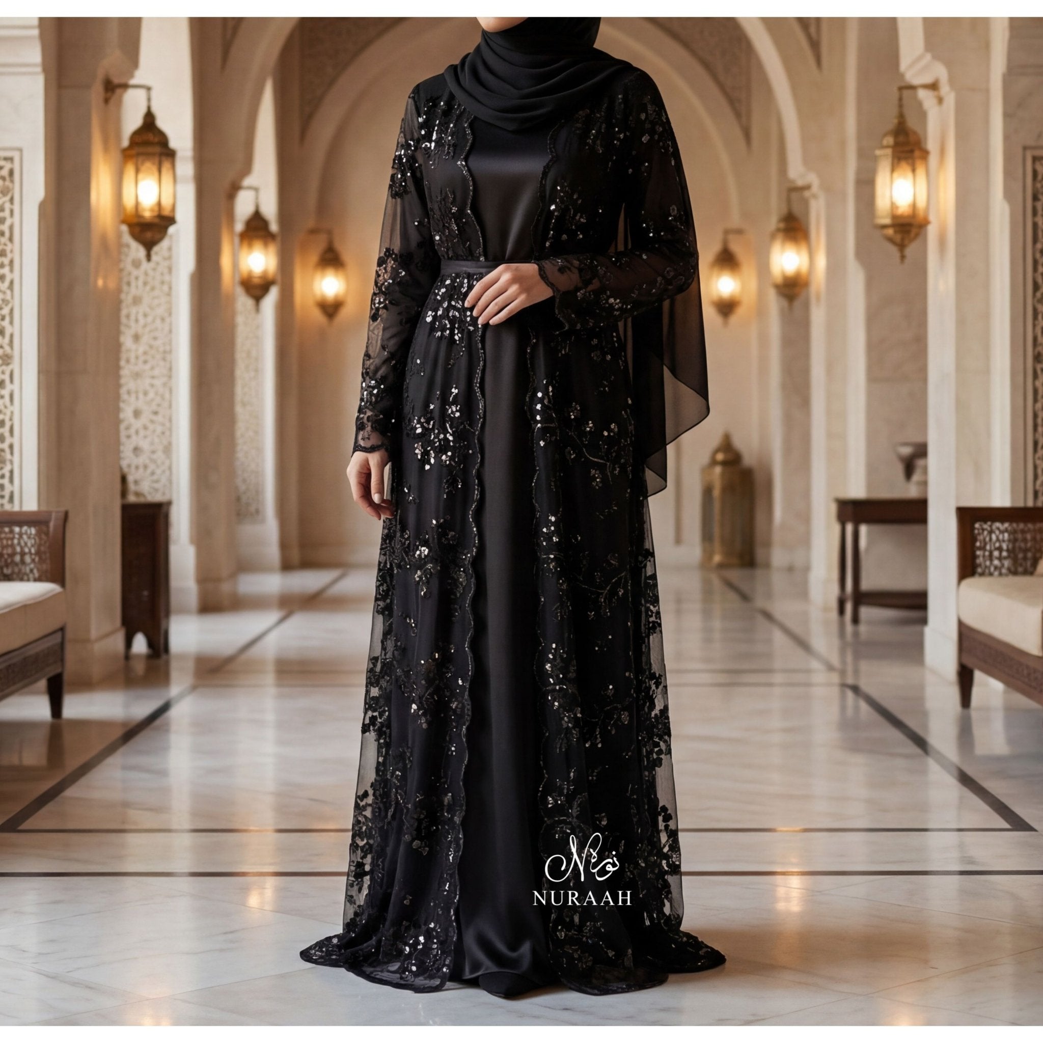 SEQUIN NET LACE ABAYA WITH INNER SLIP and a matching scarf BLACK - NURAAH