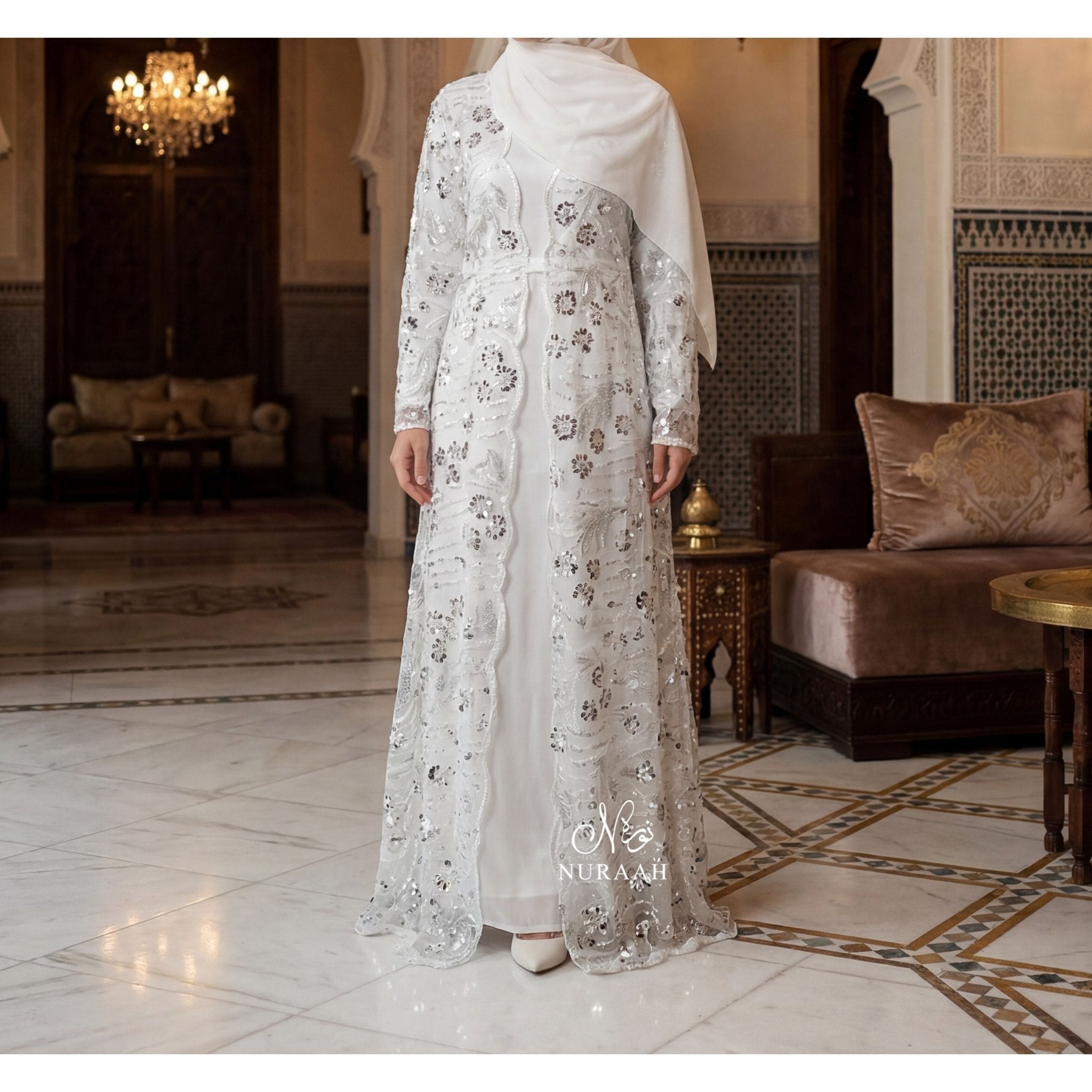 SEQUIN NET LACE ABAYA WITH INNER SLIP and a matching scarf WHITE - NURAAH