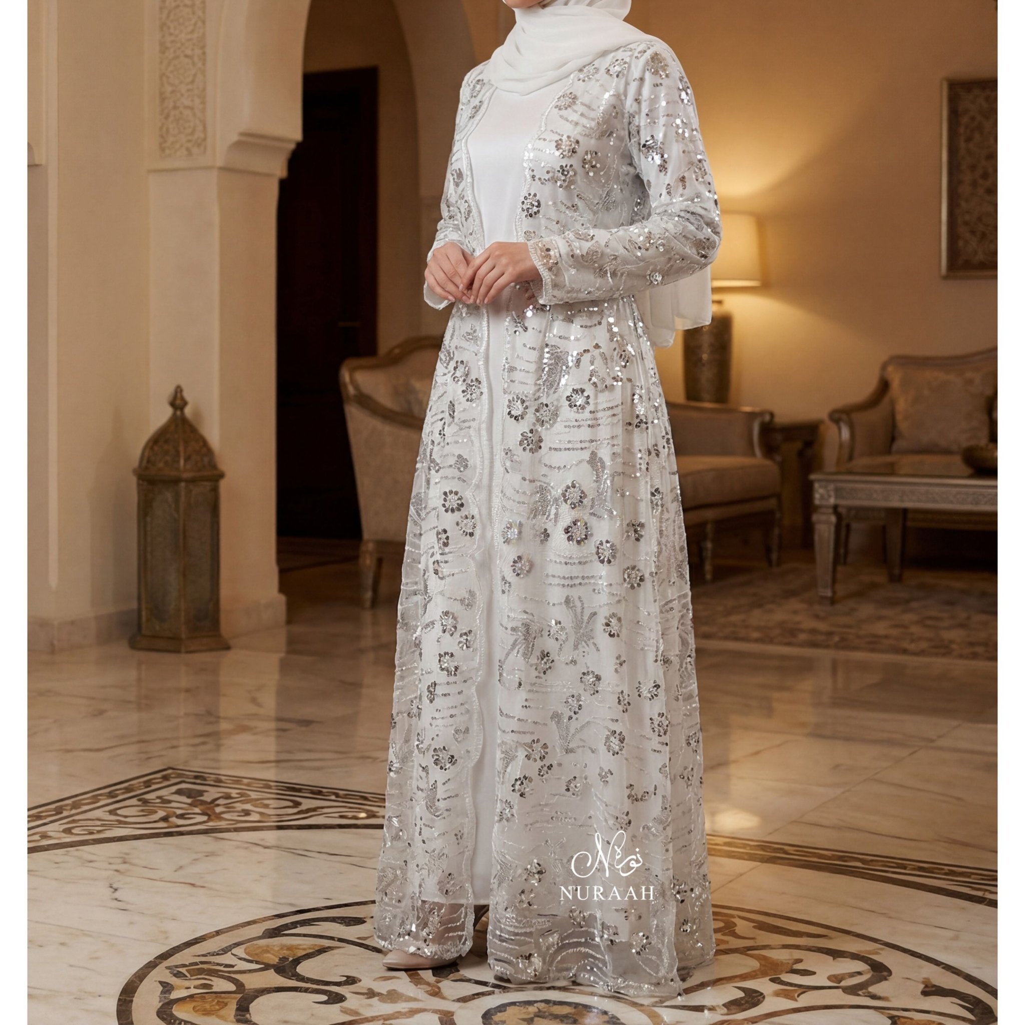 SEQUIN NET LACE ABAYA WITH INNER SLIP and a matching scarf WHITE - NURAAH