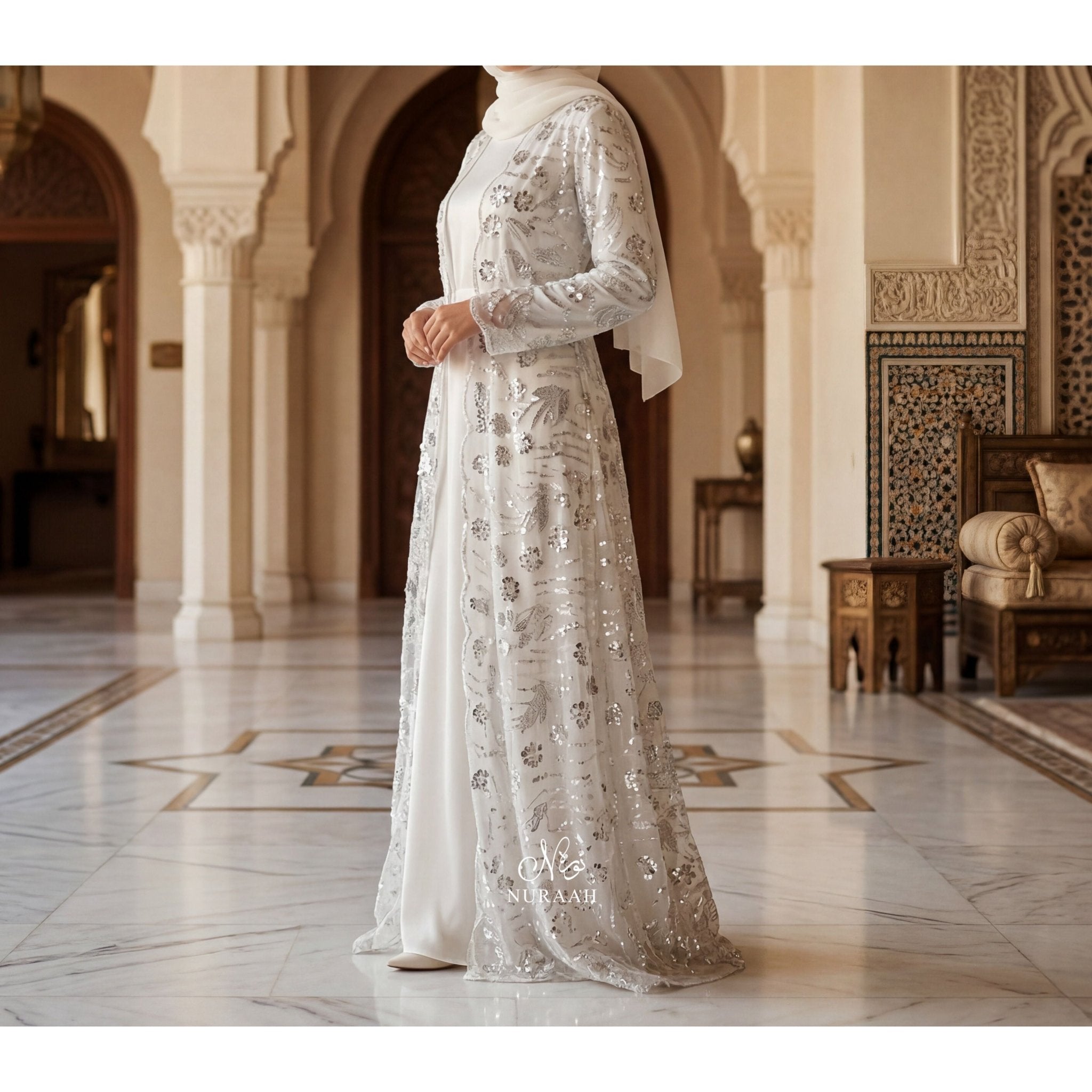 SEQUIN NET LACE ABAYA WITH INNER SLIP and a matching scarf WHITE - NURAAH