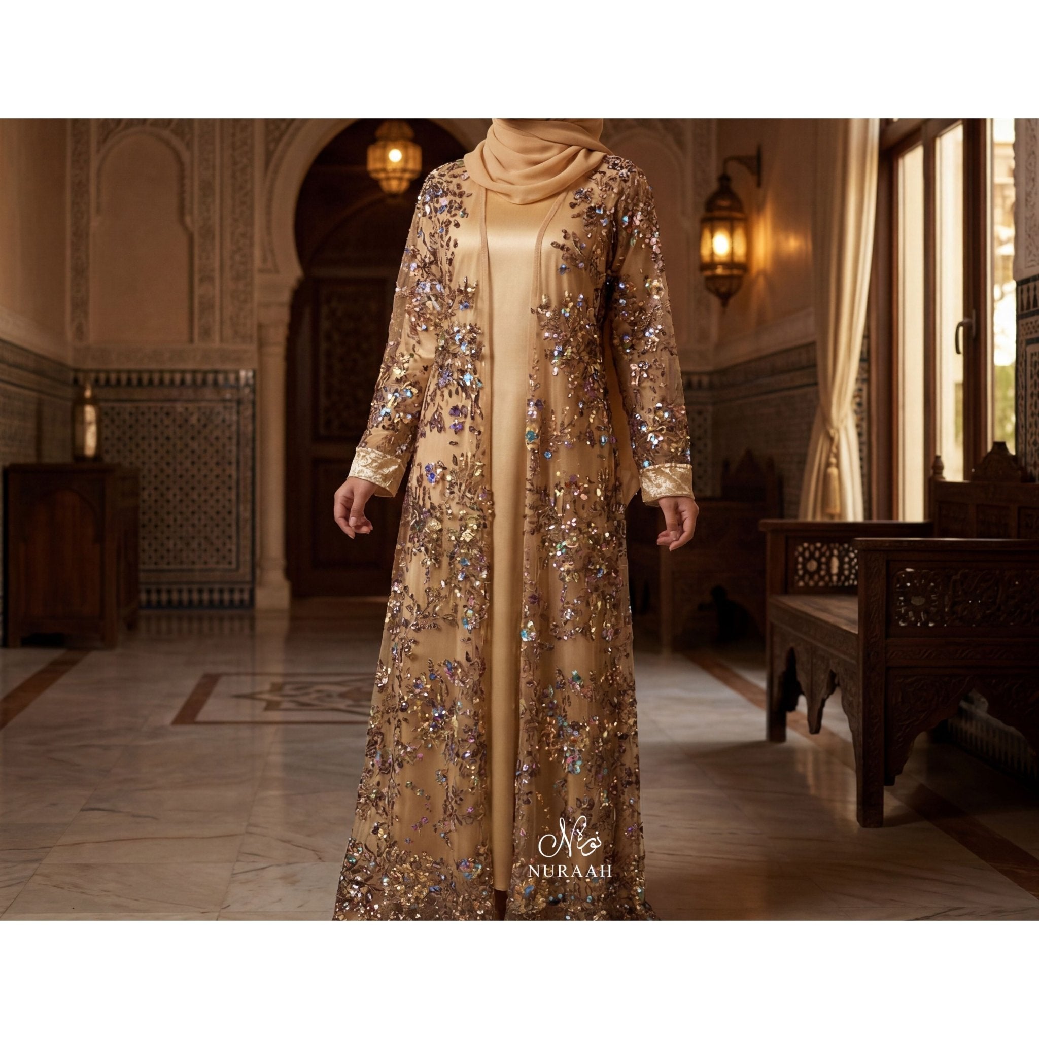 SUMAYAH EMBELLISHED NET LACE ABAYA GOLD 01 - NURAAH