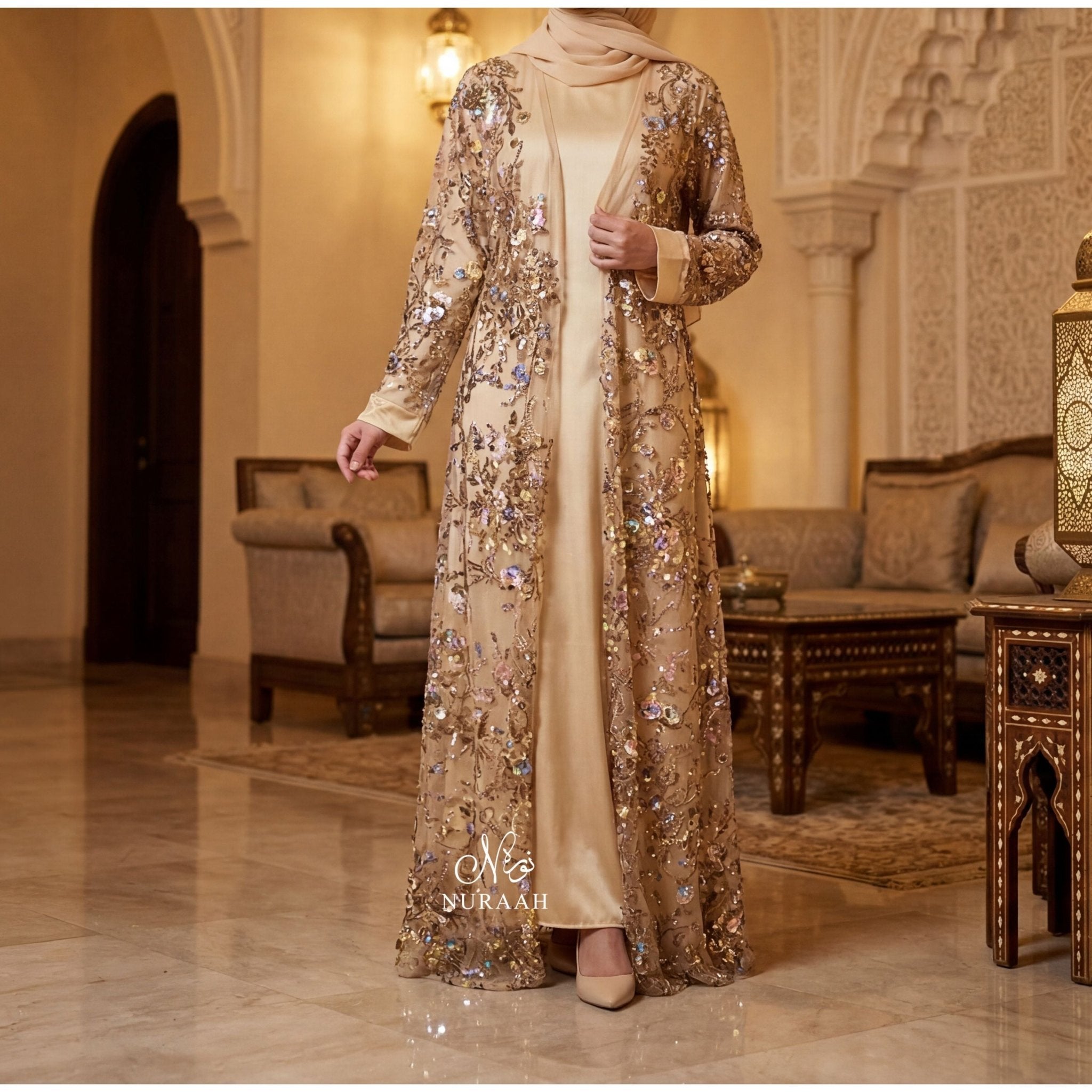 SUMAYAH EMBELLISHED NET LACE ABAYA GOLD 01 - NURAAH