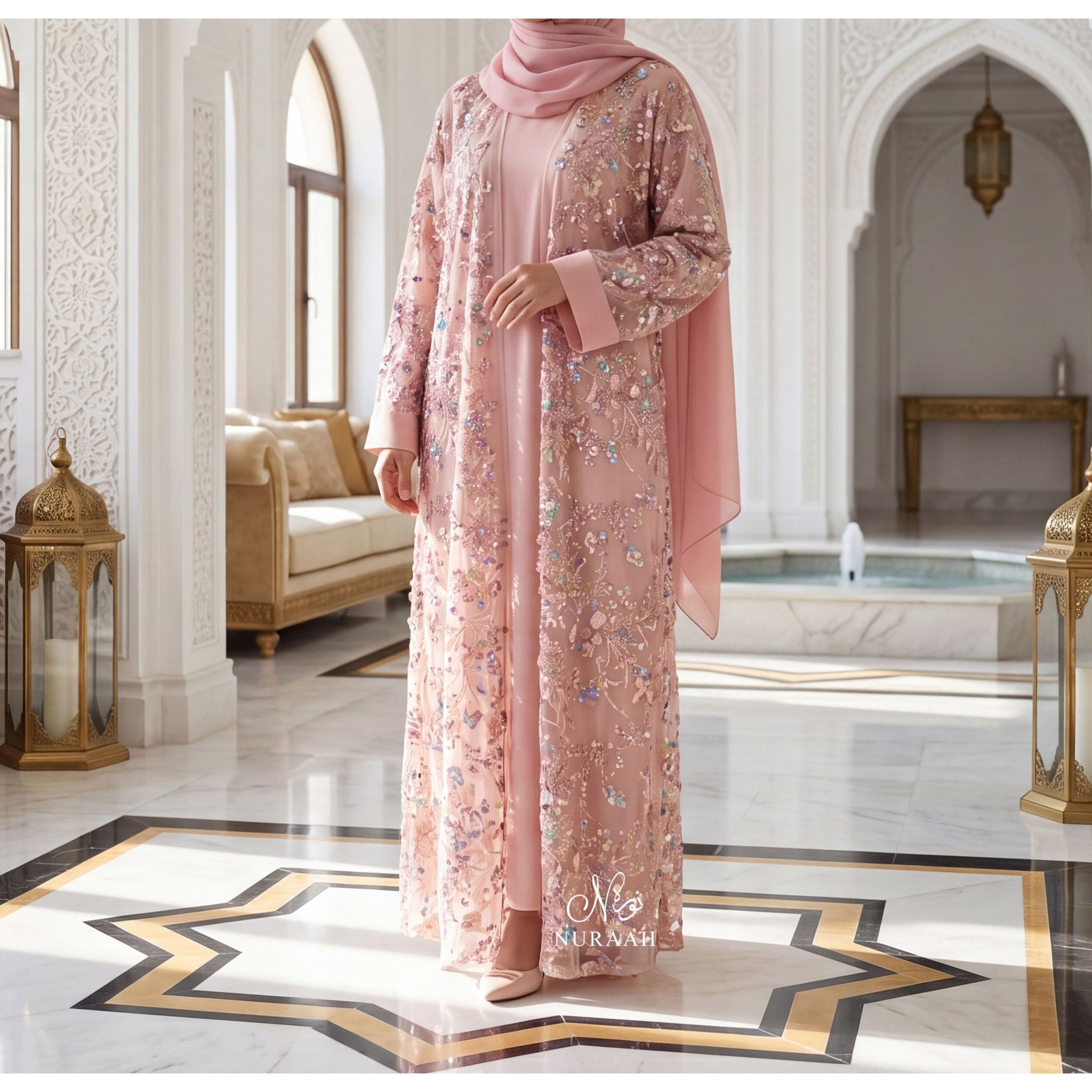 SUMAYAH EMBELLISHED NET LACE ABAYA LIGHT PEACH - NURAAH