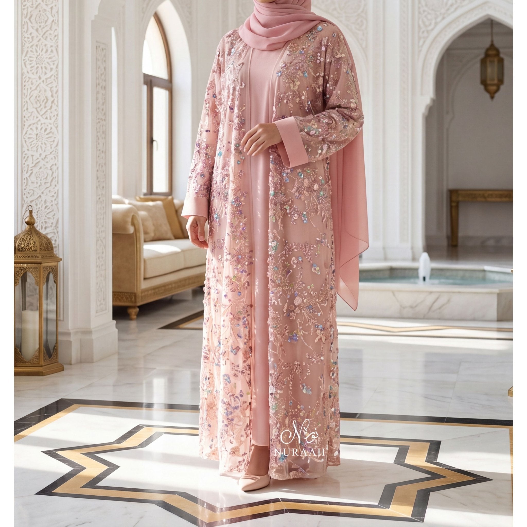 SUMAYAH EMBELLISHED NET LACE ABAYA LIGHT PEACH - NURAAH
