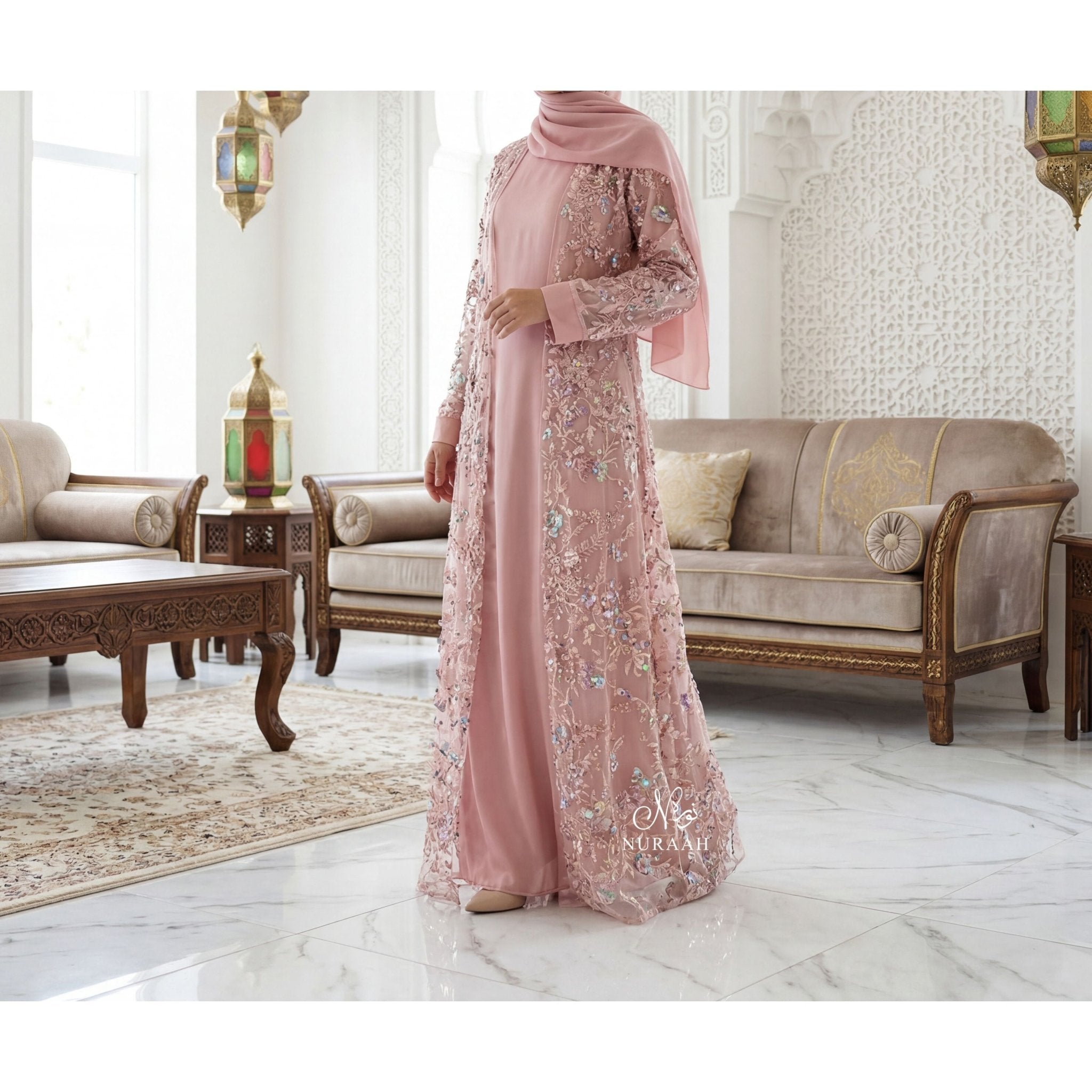 SUMAYAH EMBELLISHED NET LACE ABAYA LIGHT PEACH - NURAAH