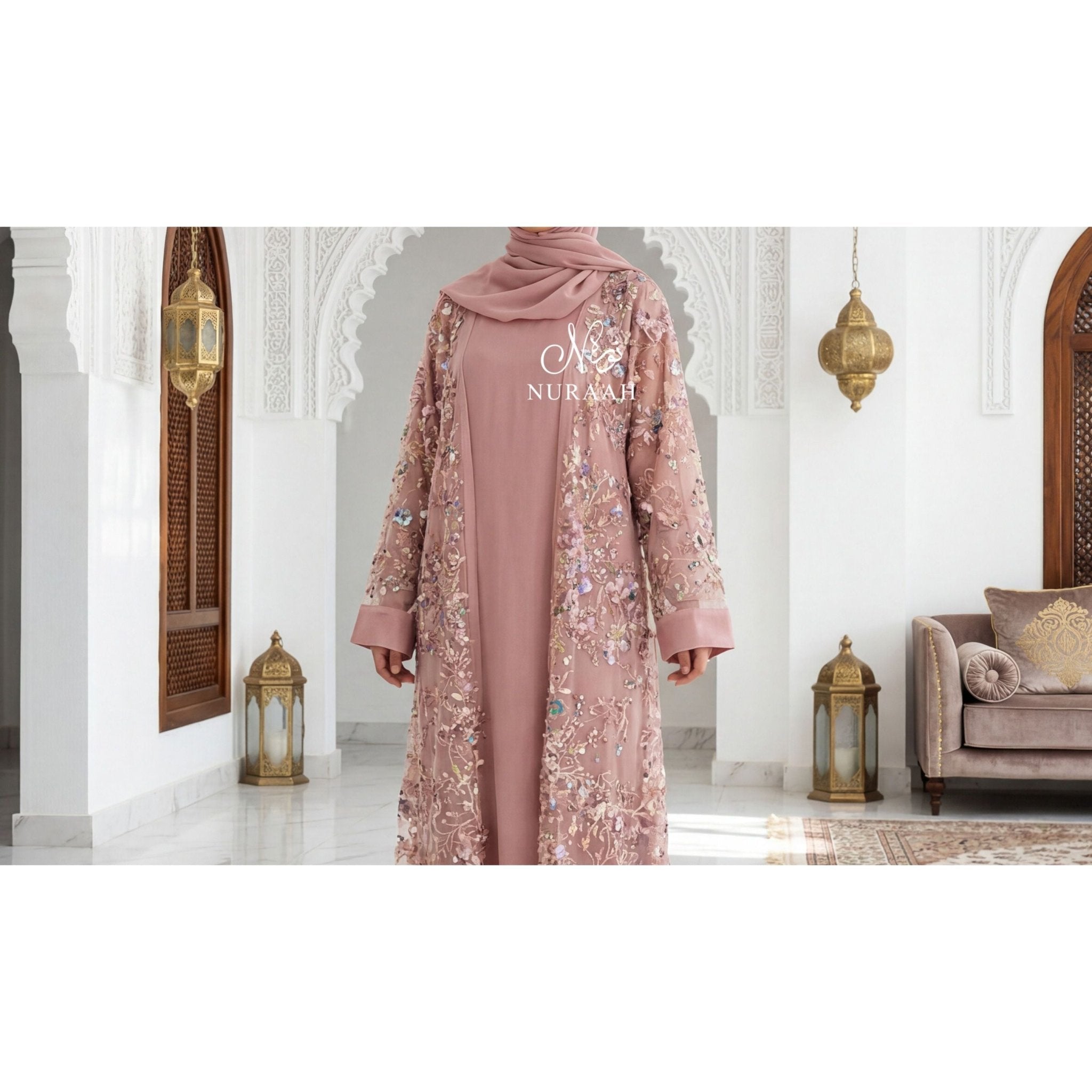 SUMAYAH EMBELLISHED NET LACE ABAYA LIGHT PEACH - NURAAH