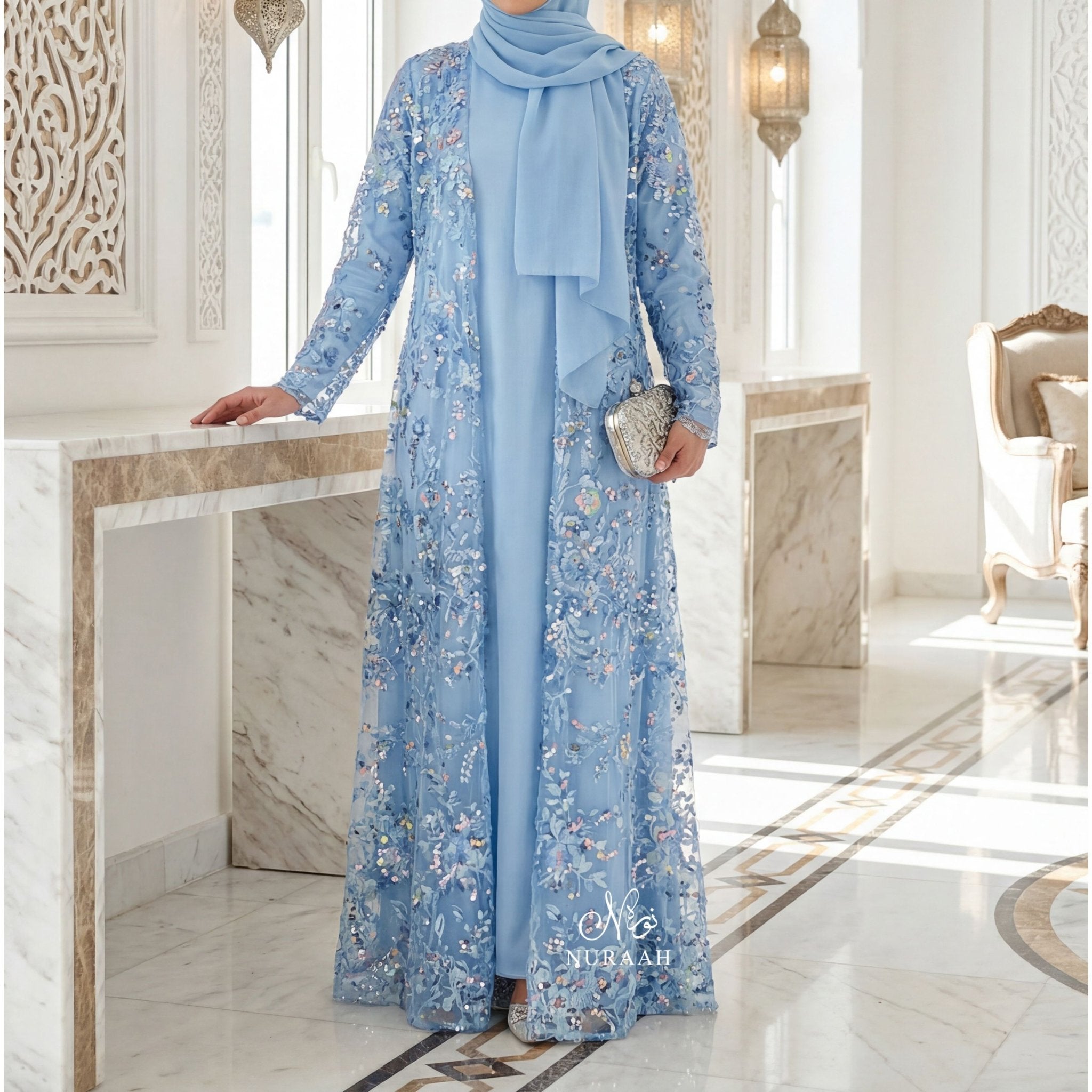 SUMAYAH EMBELLISHED NET LACE ABAYA SKY BLUE 01 - NURAAH