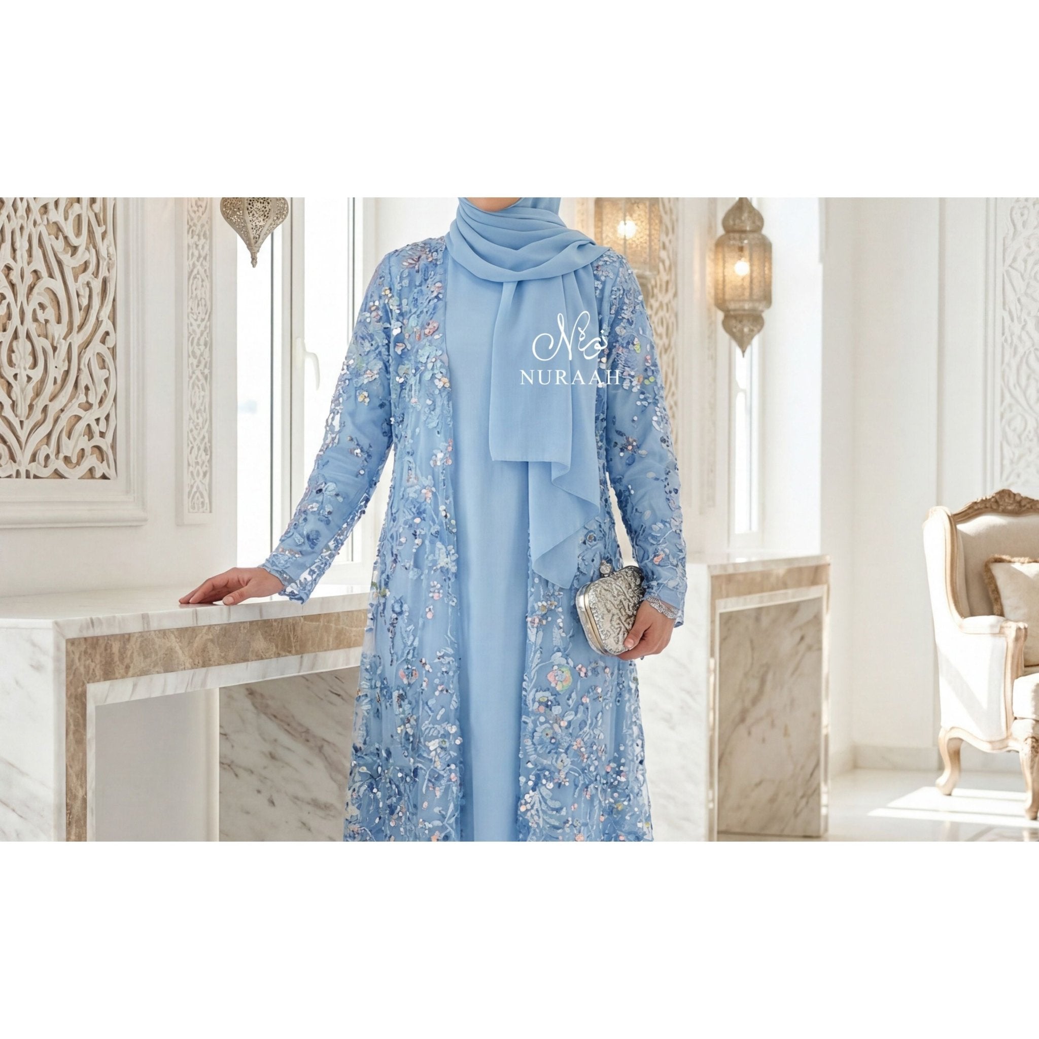 SUMAYAH EMBELLISHED NET LACE ABAYA SKY BLUE 01 - NURAAH