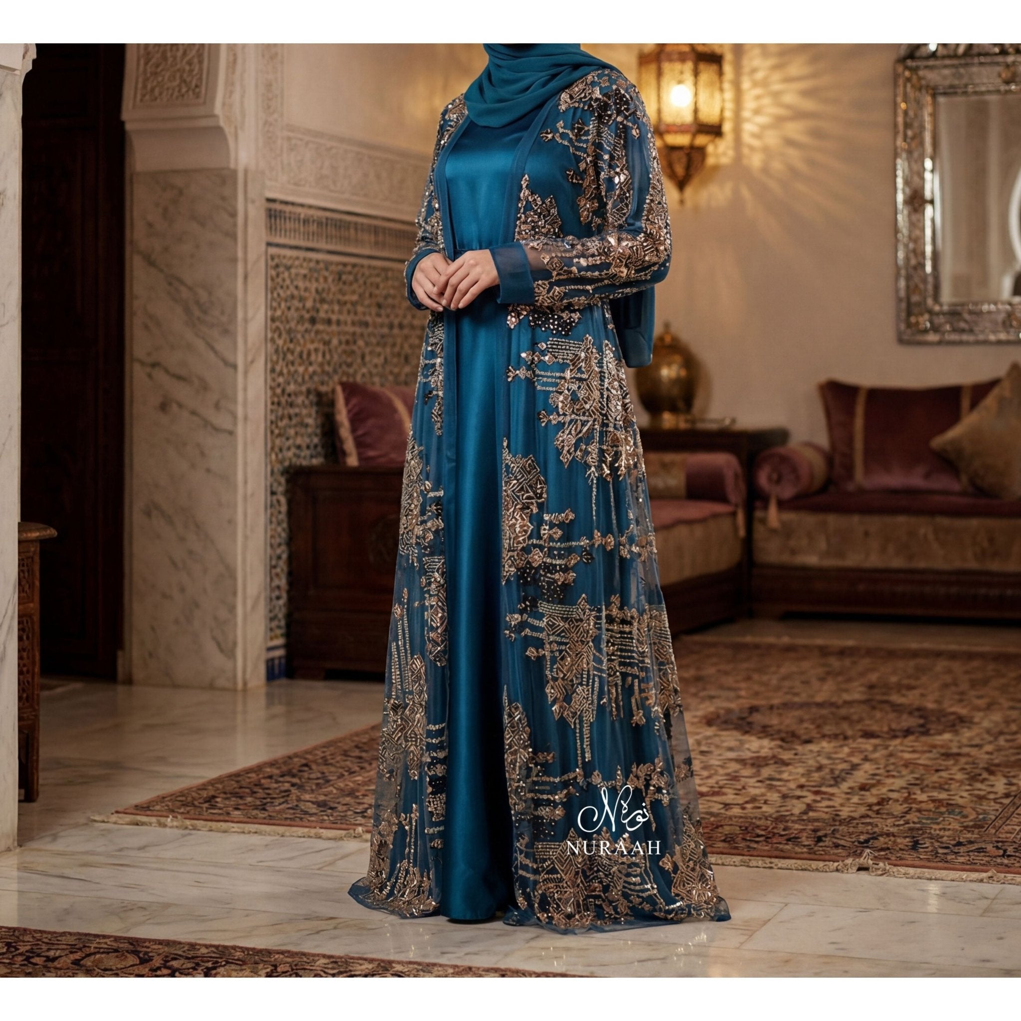 TEAL LUXURY EMBELLISHED ABAY SET - NURAAH