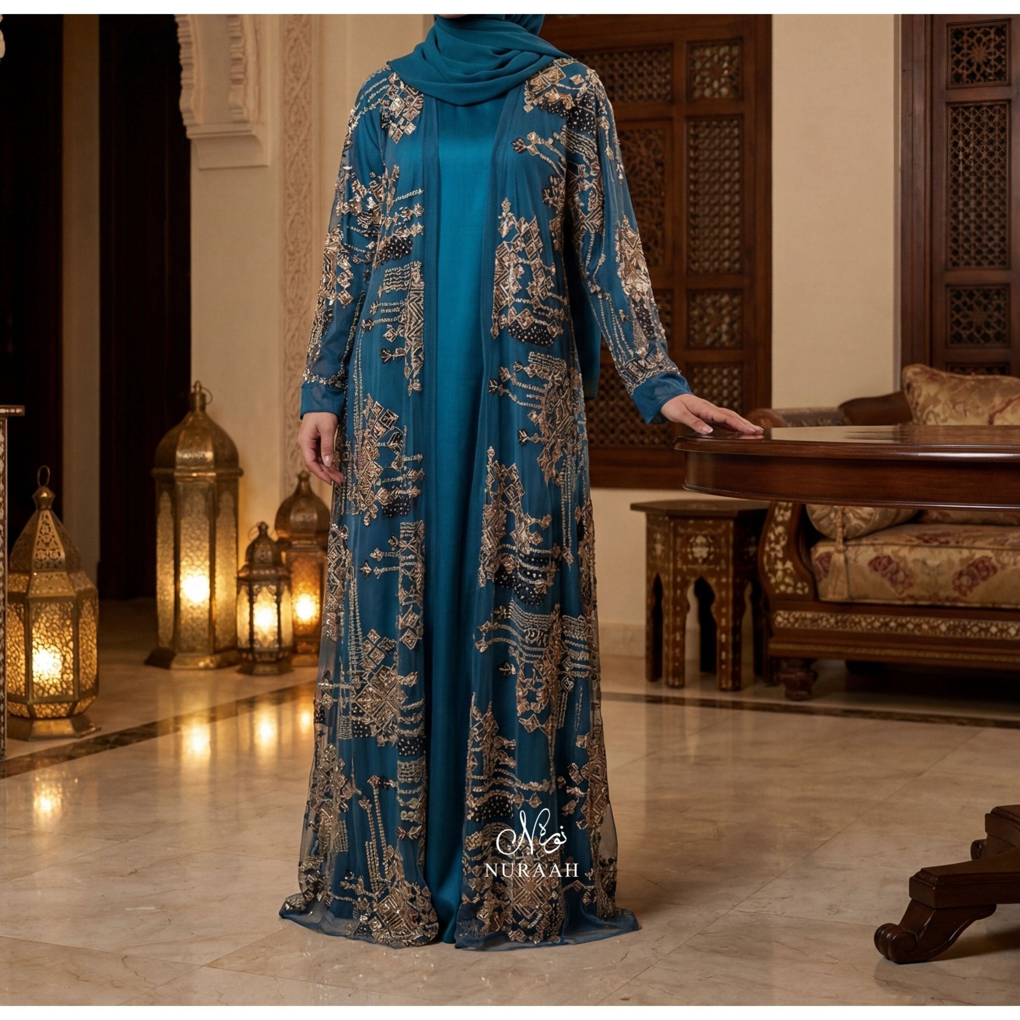 TEAL LUXURY EMBELLISHED ABAY SET - NURAAH