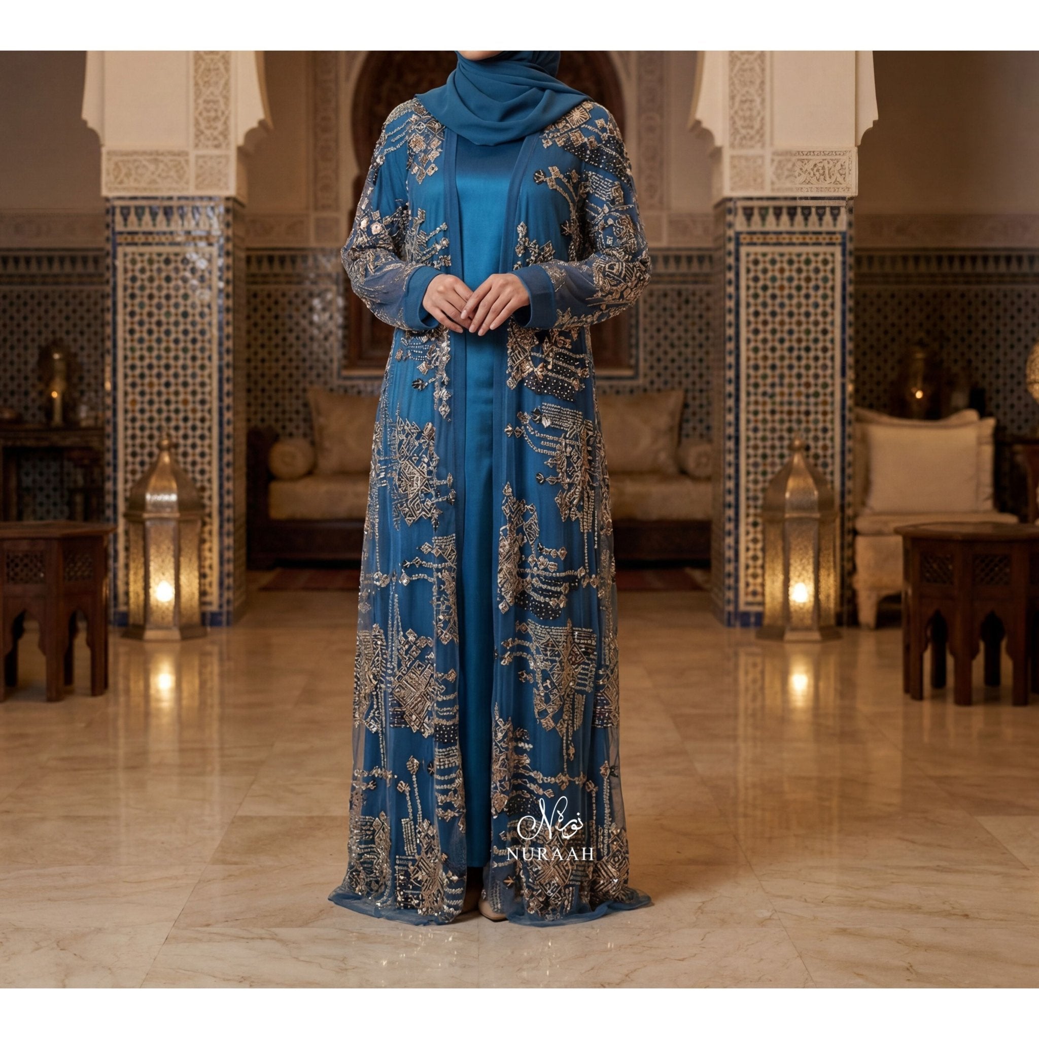 TEAL LUXURY EMBELLISHED ABAY SET - NURAAH