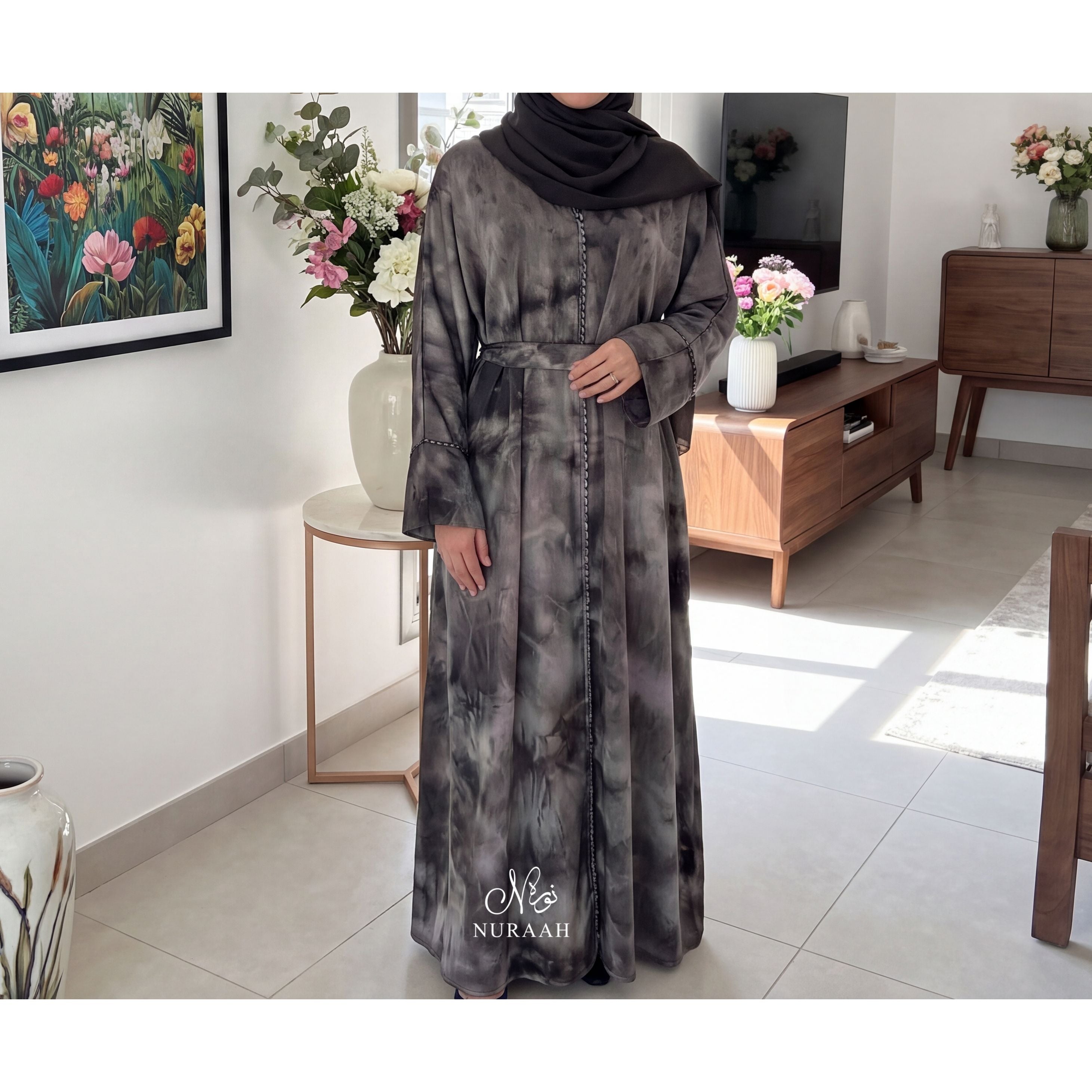 YARA MARBLE PRINT CLOSED ABAYA (with matching hijab and scarf)