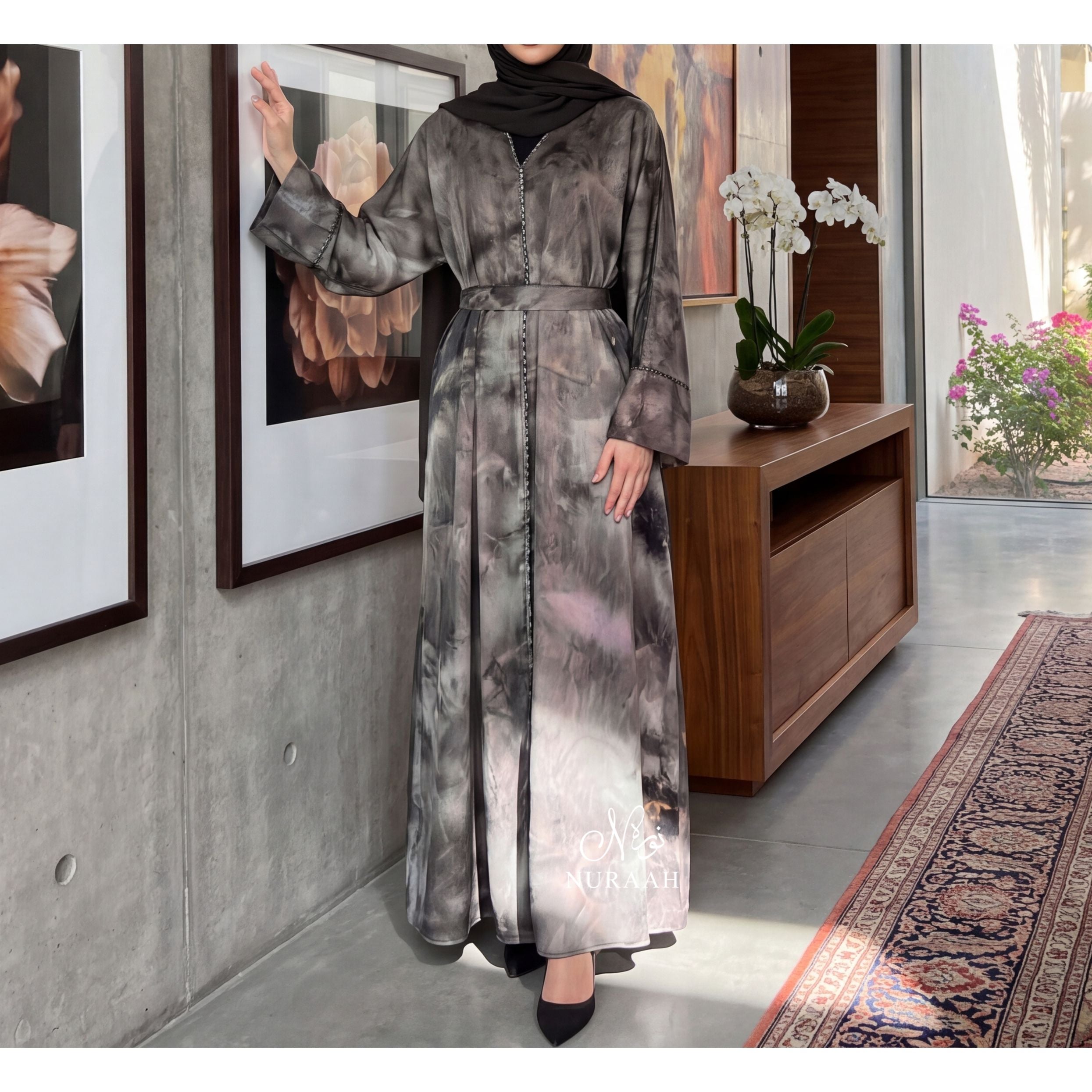 YARA MARBLE PRINT CLOSED ABAYA (with matching hijab and scarf)
