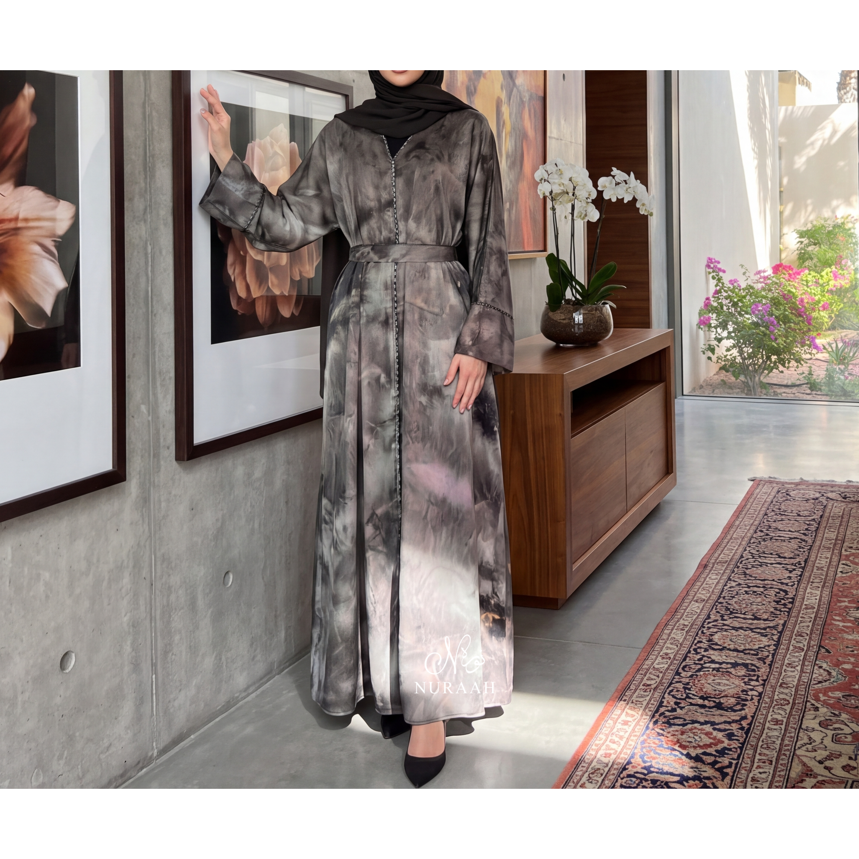 YARA MARBLE PRINT CLOSED ABAYA (with matching hijab and scarf)
