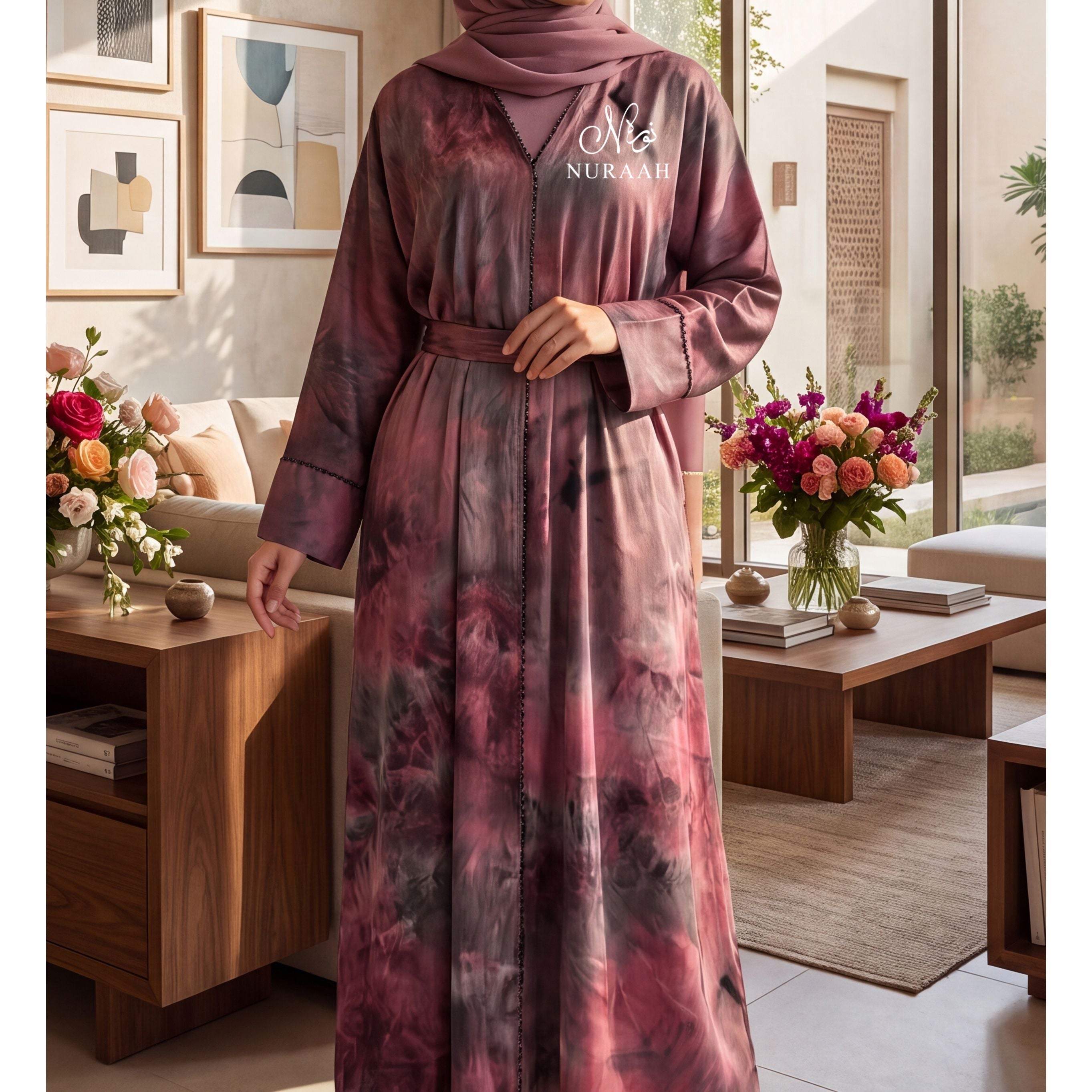 YARA MARBLE PRINT CLOSED ABAYA (with matching hijab and scarf)