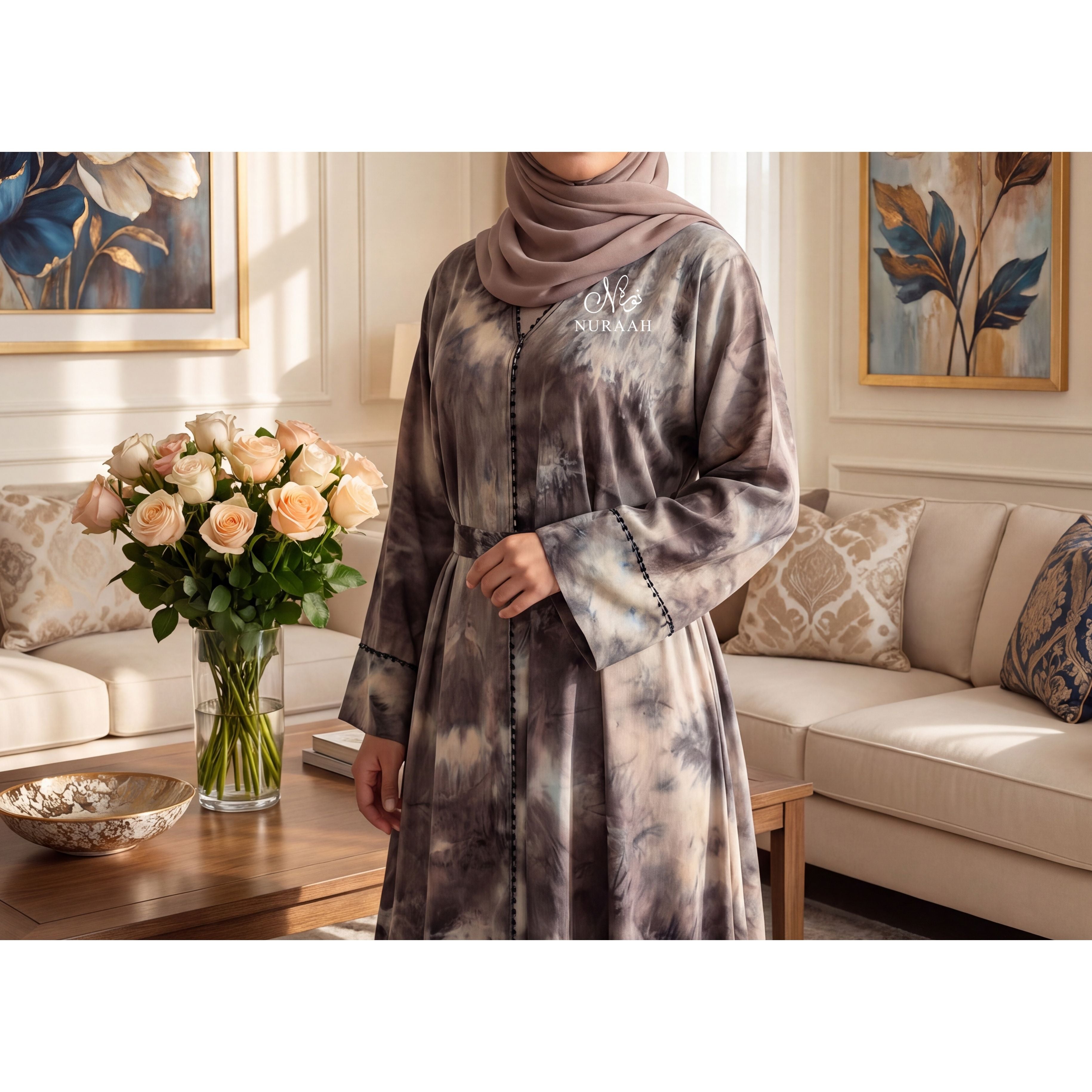 YARA MARBLE PRINT CLOSED ABAYA (with matching hijab and scarf)