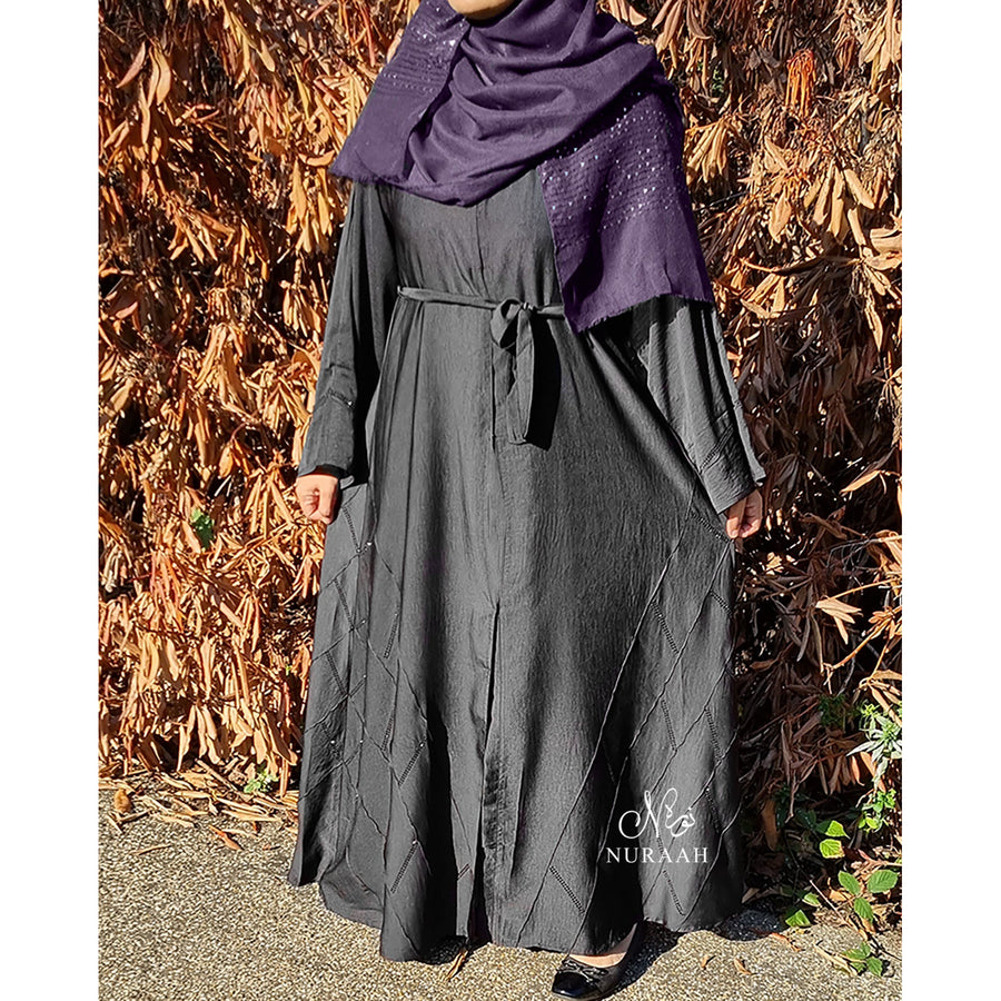 IQRAH PINTUCK EMBELLISHED SILK OPEN ABAYA BLACK