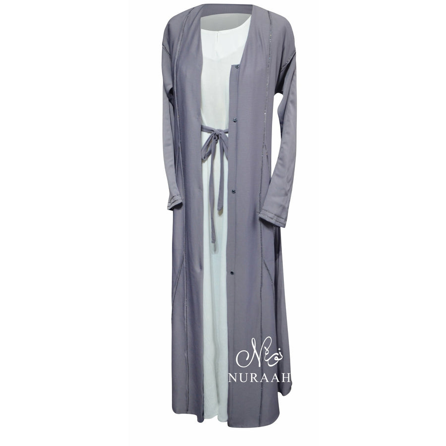 AJWA EMBELLISHED OPEN ABAYA LILAC GREY - NURAAH