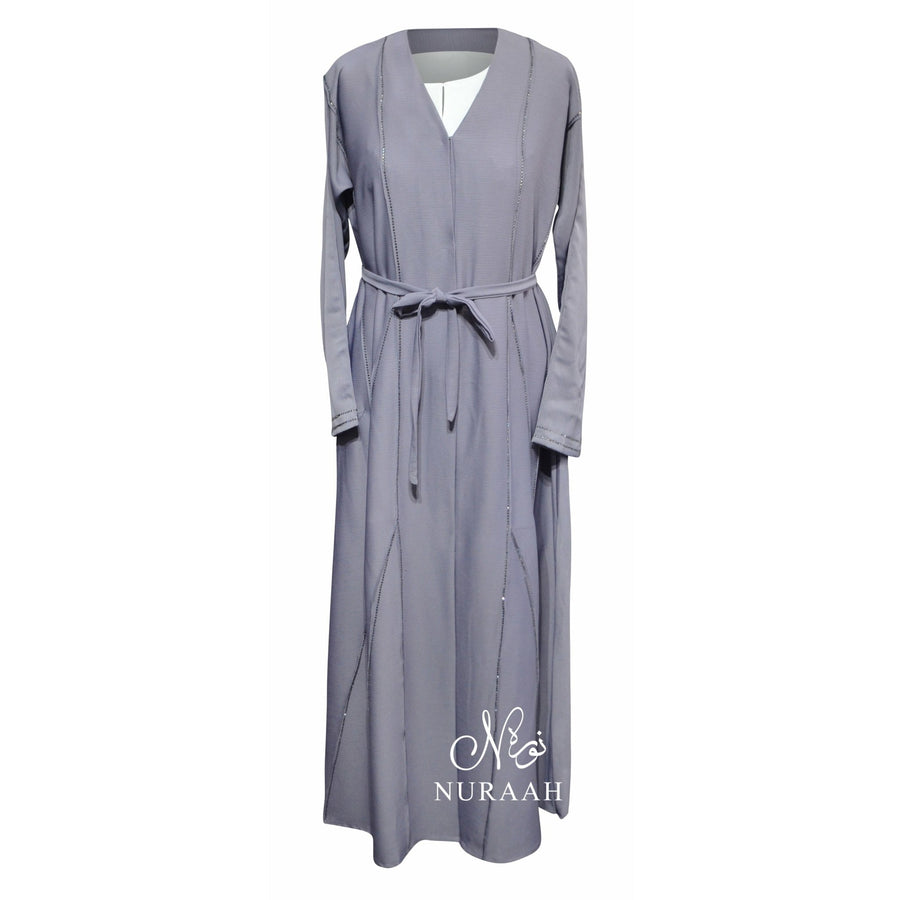AJWA EMBELLISHED OPEN ABAYA LILAC GREY - NURAAH