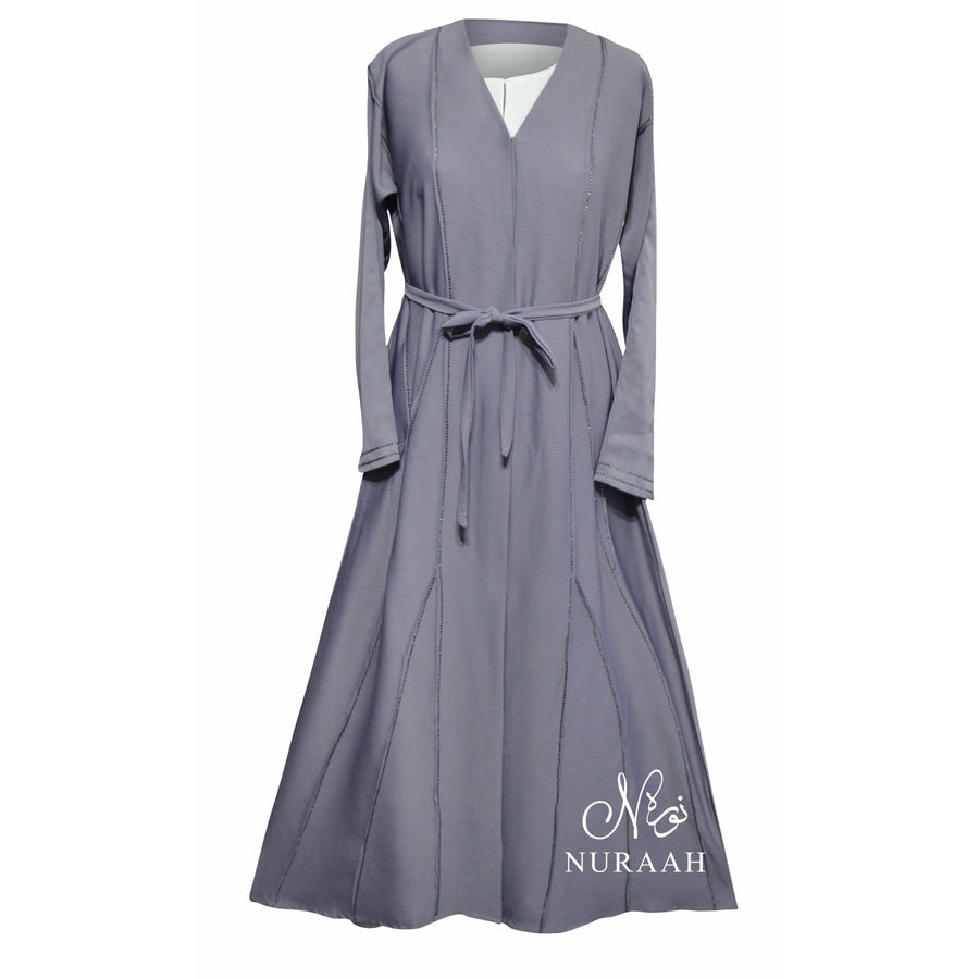 AJWA EMBELLISHED OPEN ABAYA LILAC GREY - NURAAH