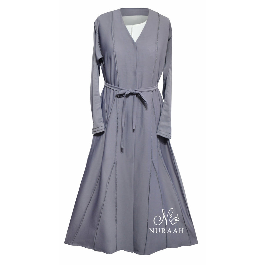 AJWA EMBELLISHED OPEN ABAYA LILAC GREY - NURAAH