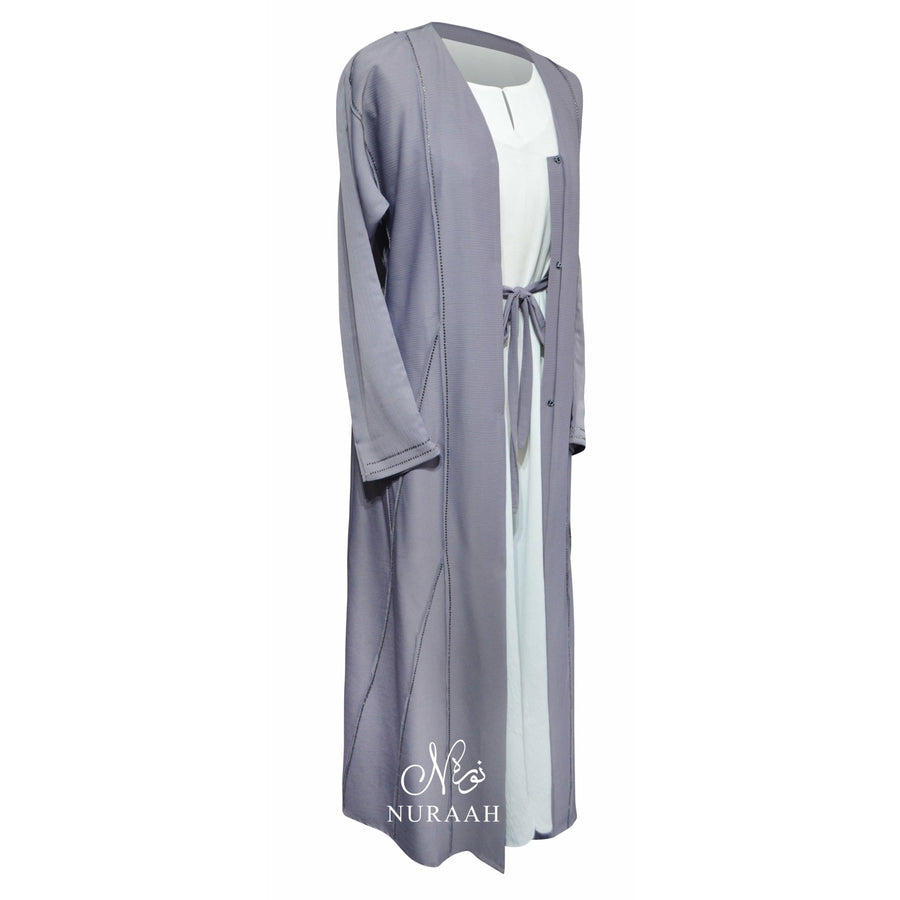 AJWA EMBELLISHED OPEN ABAYA LILAC GREY - NURAAH