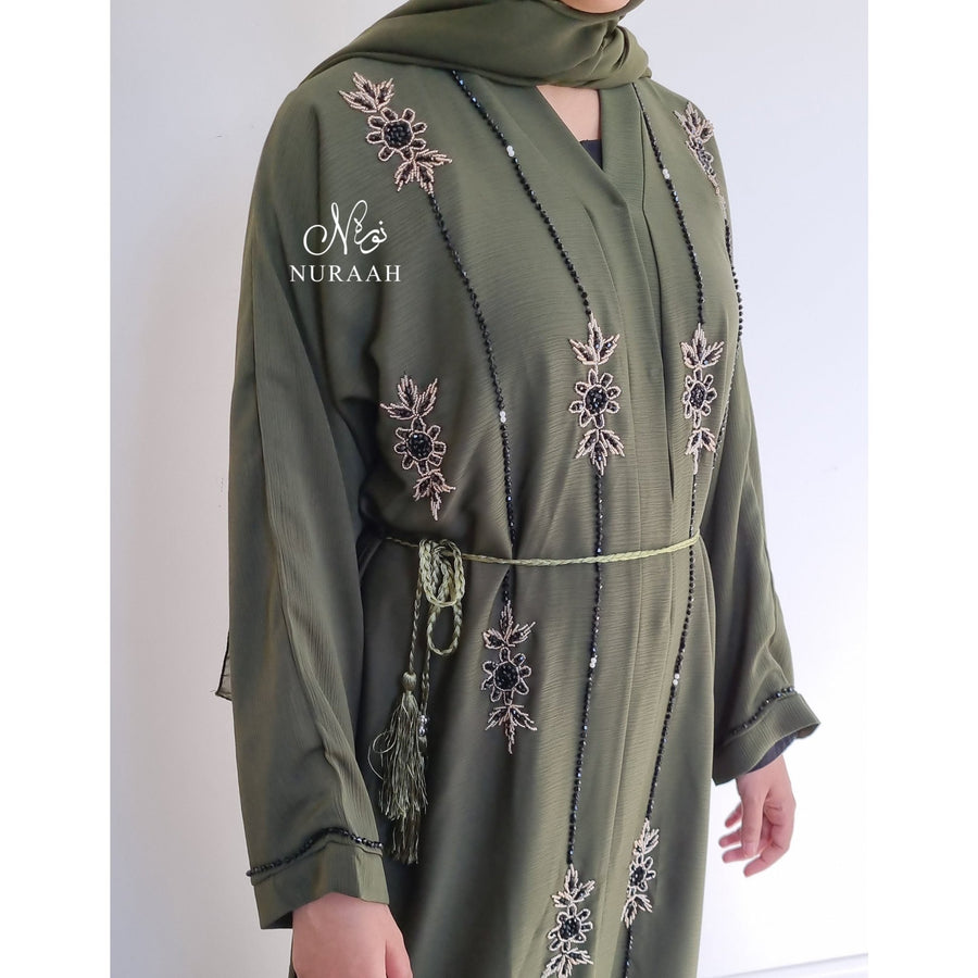 AMARAH HAND EMBELLISHED OPEN ABAYA OLIVE GREEN - NURAAH