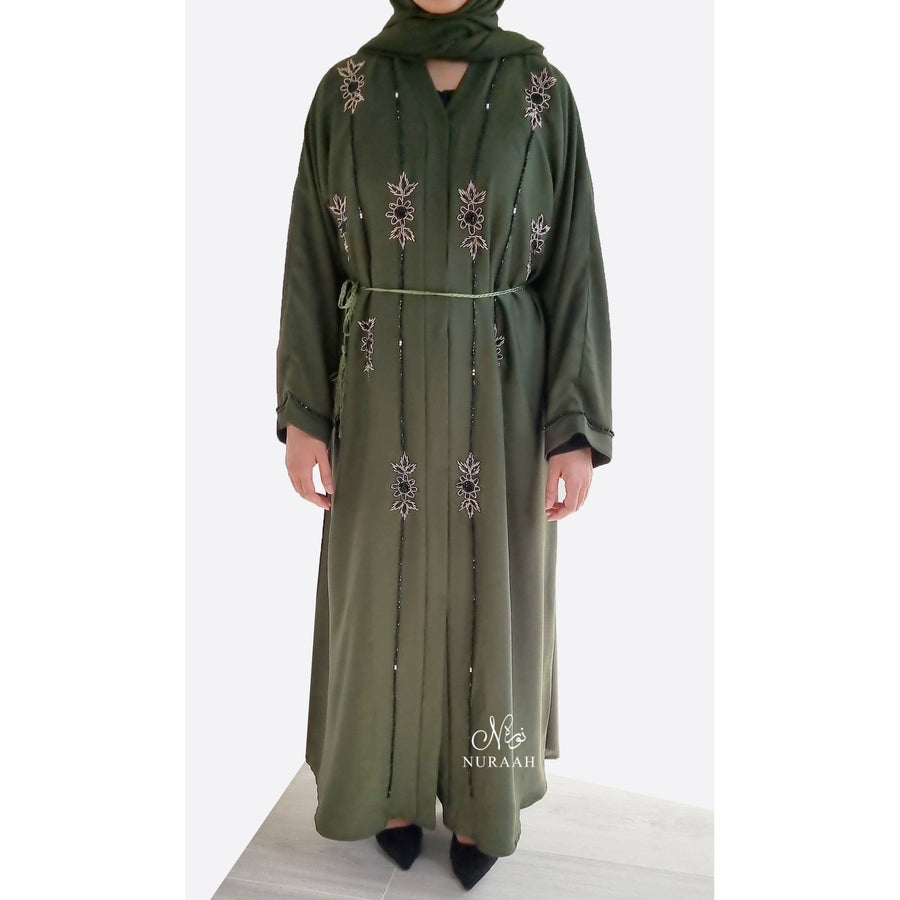 AMARAH HAND EMBELLISHED OPEN ABAYA OLIVE GREEN - NURAAH
