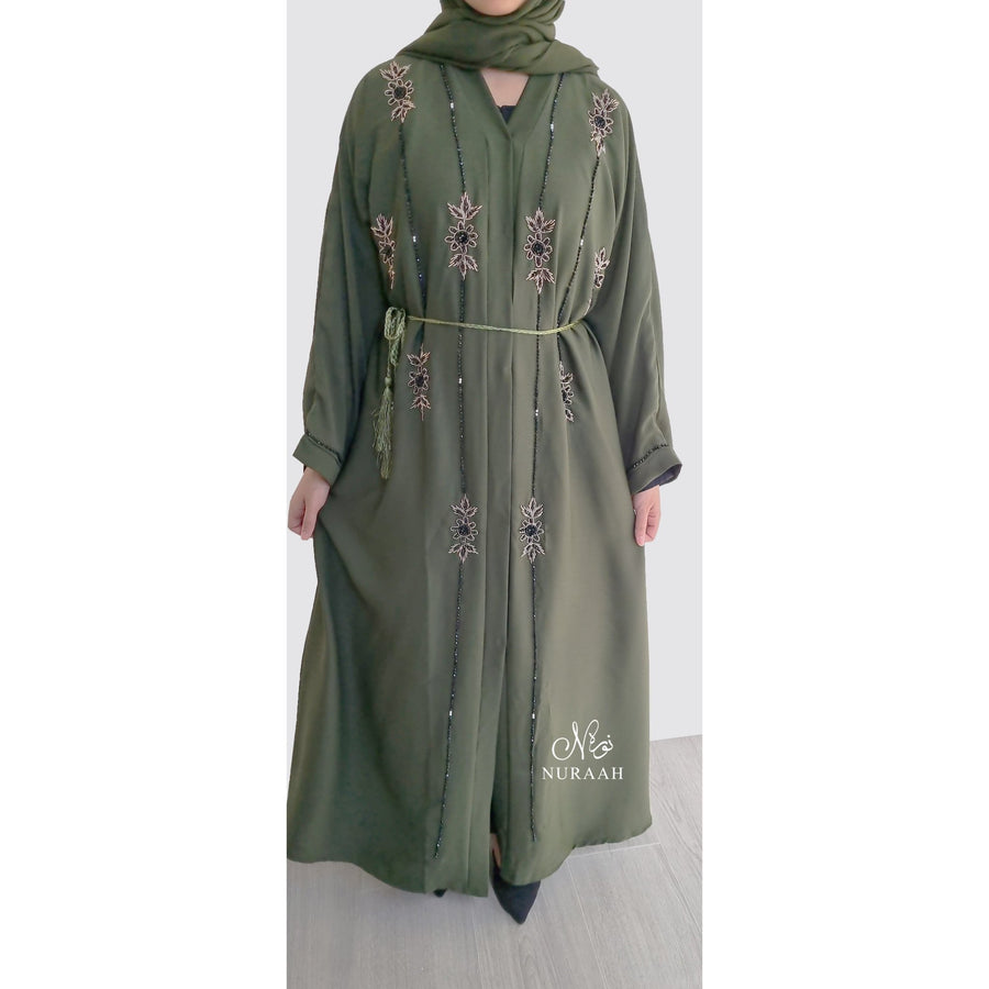 AMARAH HAND EMBELLISHED OPEN ABAYA OLIVE GREEN - NURAAH