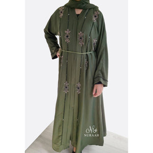 AMARAH HAND EMBELLISHED OPEN ABAYA OLIVE GREEN - NURAAH