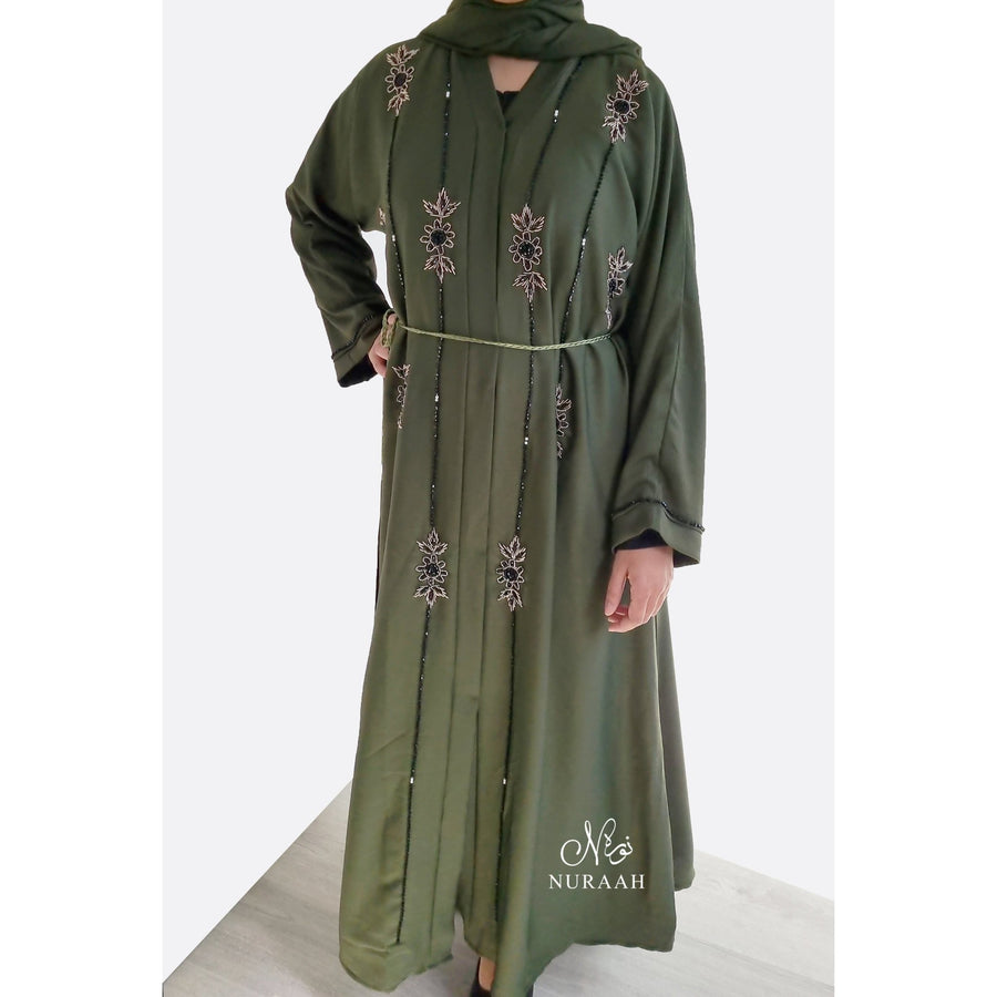AMARAH HAND EMBELLISHED OPEN ABAYA OLIVE GREEN - NURAAH