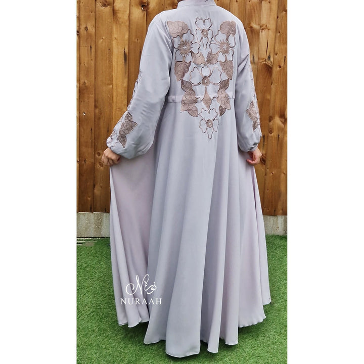 AZKAH EMBROIDERED OPEN ABAYA GREY - NURAAH