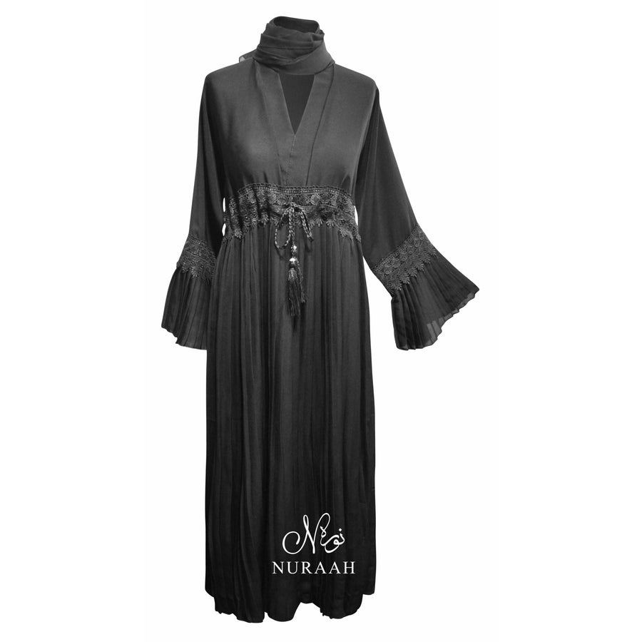 BLACK PLEATED ABAYA WITH LACE TRIMMING - NURAAH