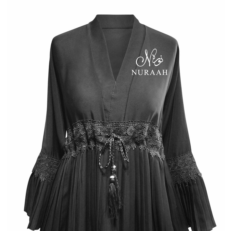 BLACK PLEATED ABAYA WITH LACE TRIMMING - NURAAH