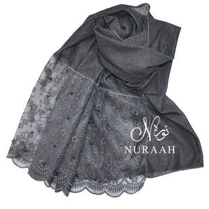 COTTON LACE SCARF WITH PEARLS CHARCOAL - NURAAH