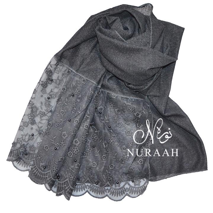 COTTON LACE SCARF WITH PEARLS CHARCOAL - NURAAH