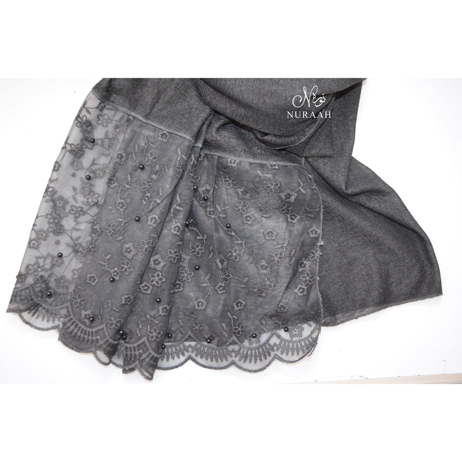 COTTON LACE SCARF WITH PEARLS CHARCOAL - NURAAH