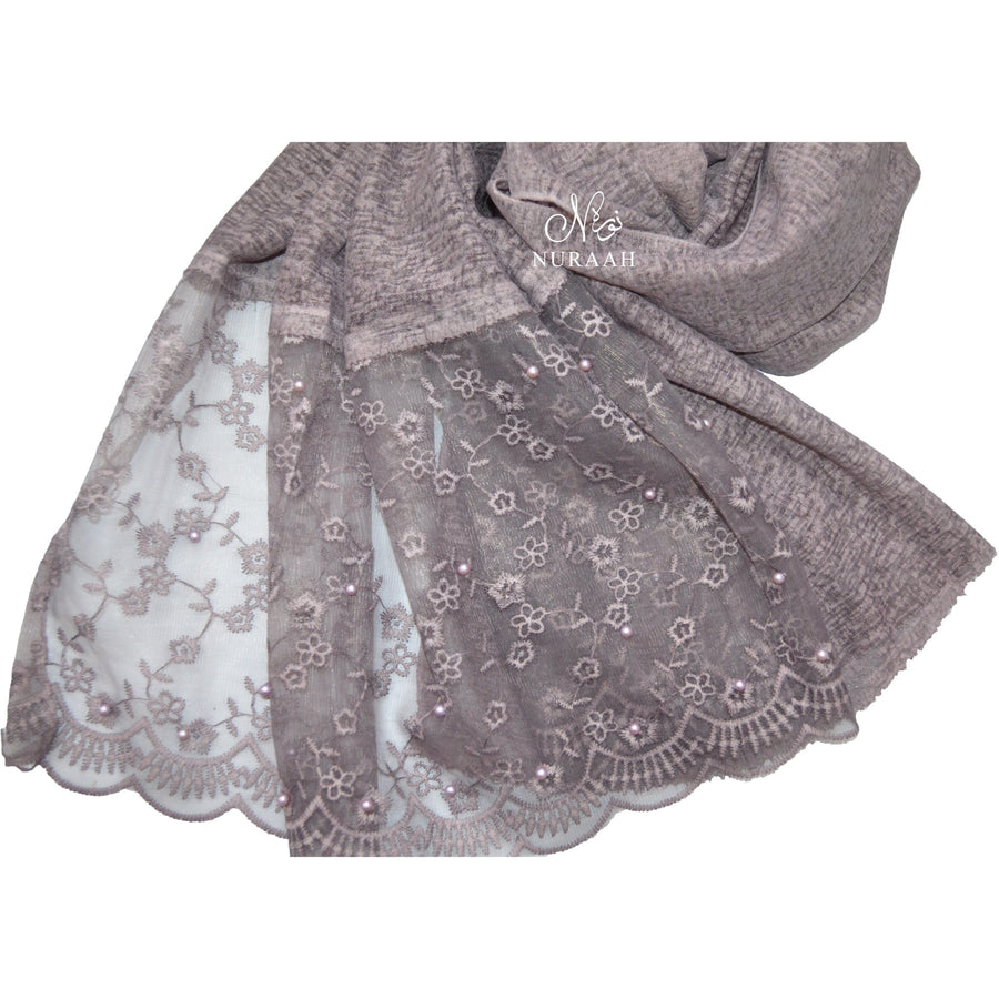 COTTON LACE SCARF WITH PEARLS DULL MAUVE - NURAAH