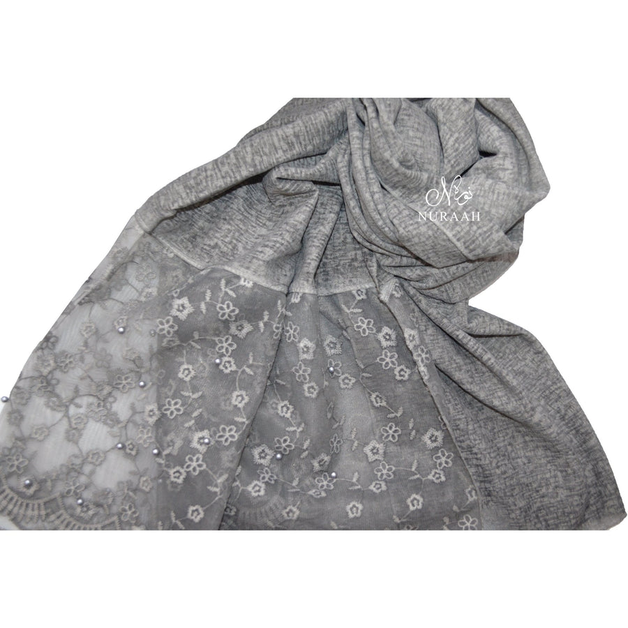 COTTON LACE SCARF WITH PEARLS GREY - NURAAH