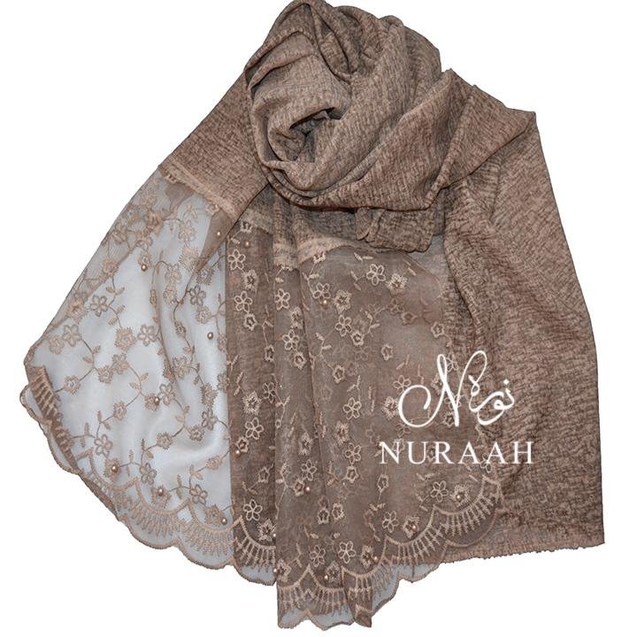 COTTON LACE SCARF WITH PEARLS LIGHT BROWN - NURAAH