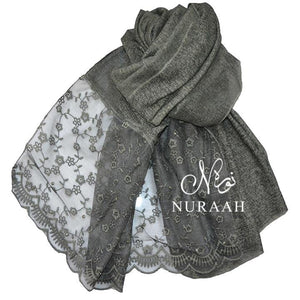 COTTON LACE SCARF WITH PEARLS SEAWEED GREEN - NURAAH