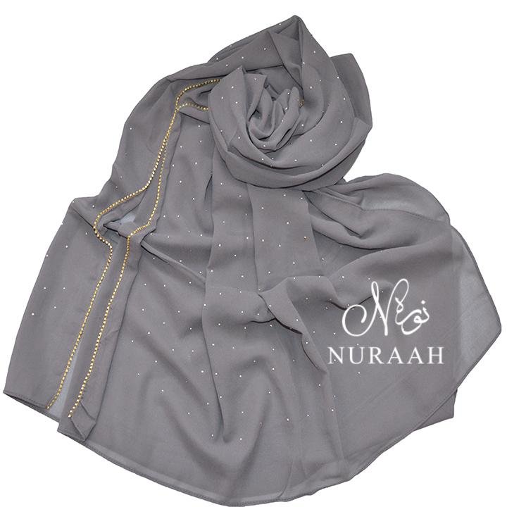 DIAMANTE TRIMMING CHIFFON HIJAB GREY - NURAAH